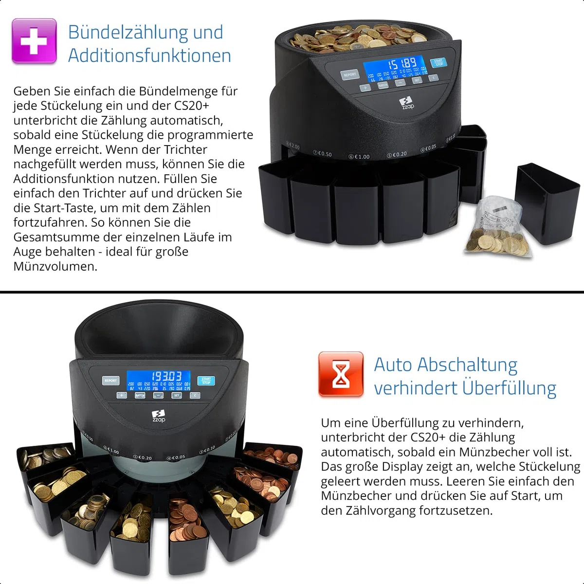 ZZap CS20+ Automatischer EURO Münzzähler & -sortierer - Geldzählmaschine Münzzählautomat Geldzähler