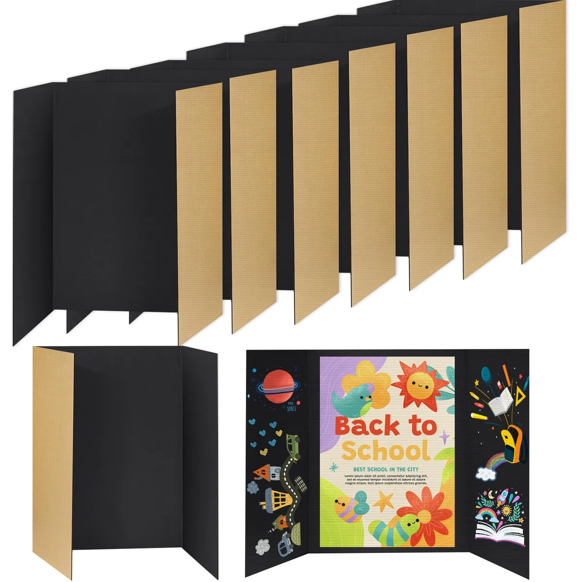 Dreifach gefaltete Postertafel, groß, 101,6 x 71,1 cm, dreifach gefaltet, harter und dicker schwarzer Präsentationskarton für Wissenschaftsmessen, Schulprojekte, Geschäftsbedarf, 8 Stück