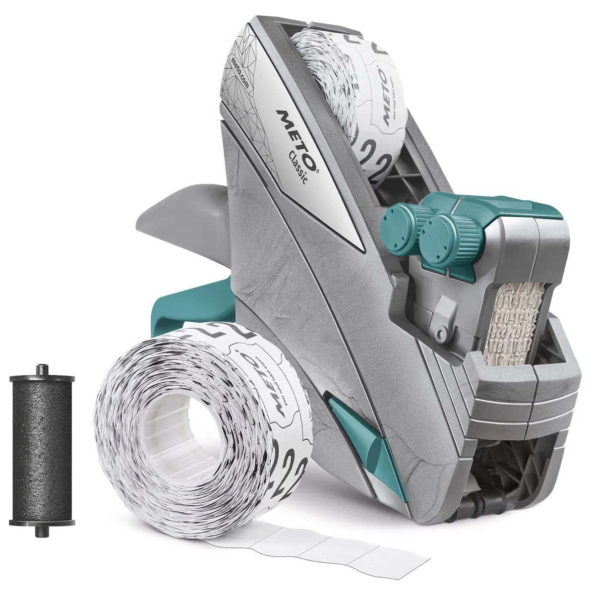 Meto Classic M Preisauszeichner Set – Preis, Rabatt (2-zeilig, 20-stellig, 26x16 mm Etiketten, sofort einsatzbereit), 26 x 16 Etiketten