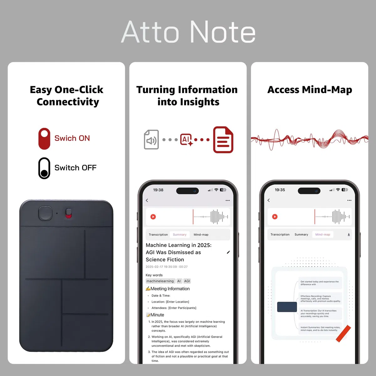 KI-Sprachrekorder, ATTO Note spezielle App zum Transkribieren und Zusammenfassen mit KI-Technologie, Unterstützung mehrerer Sprachen, Audiorecorder für Vorlesungen, Meetings, Memos, Anrufe – 64 GB