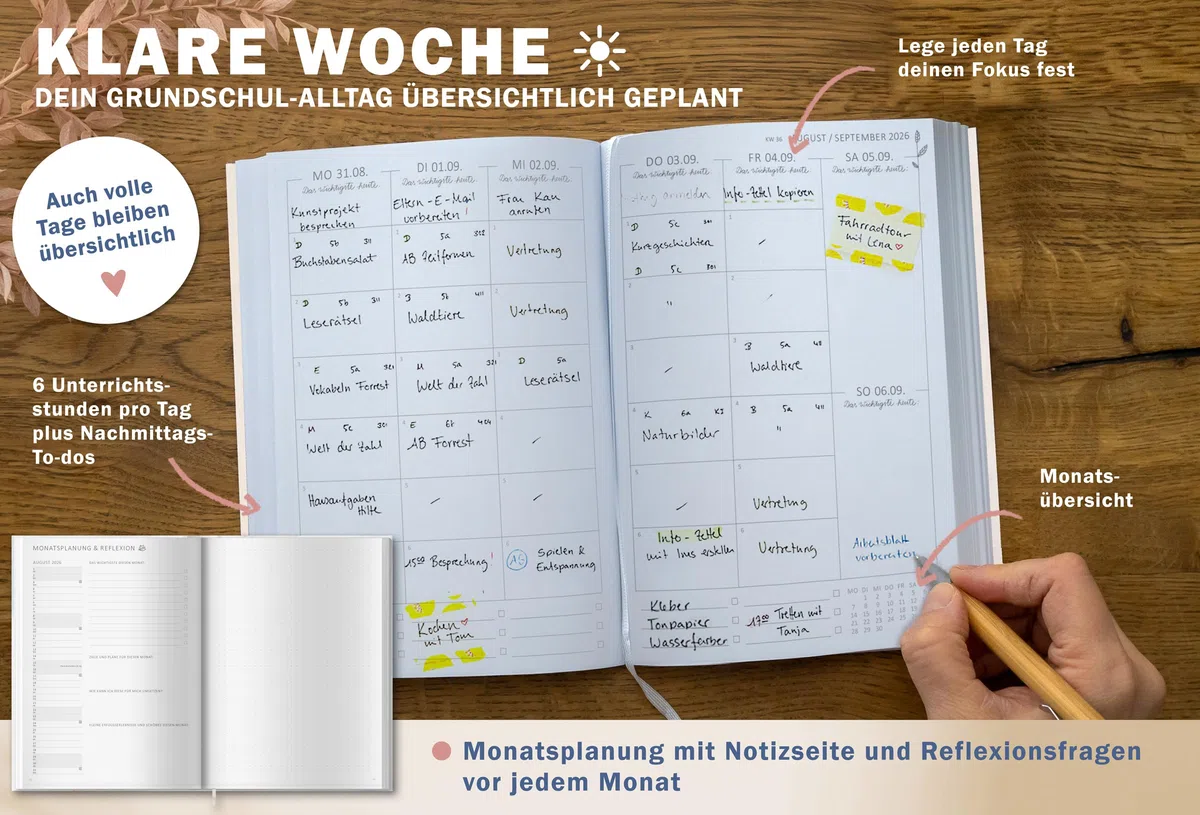 Eine der Guten Grundschulplaner 2026/2027 A5 Softcover – Lehrerkalender Grundschule 2026 2027 | Leseband, 6 Stunden, Beobachtungsbögen | nachhaltig, FSC-Papier, klimaneutral | Creme Blau Rosa Blumen