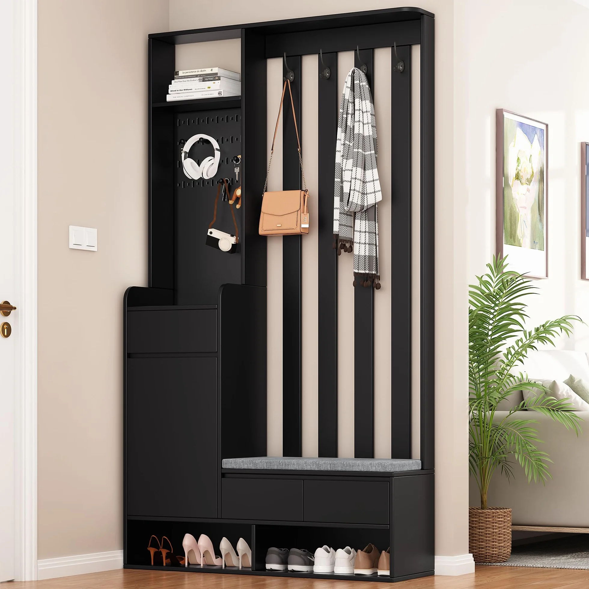 Multifunktionaler Flur-Schuhschrank mit Stecktafel,Flurgarderobe mit gepolsterter Aufbewahrungsbank,Moderne Garderobe mit 4 Haken für Eingangsbereich, Waschküche,H180/B100/T35 cm (Schwarz)