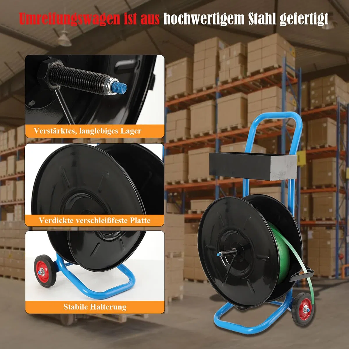 Abrollwagen Umreifungswagen für PP PET Polyesterfaserband Umreifungsbänder Umreifungsgerät, Fahrbarer Abroller Verpackungsriemenwagen für Kerndurchmesser 203 mm, Max Load 70Kg