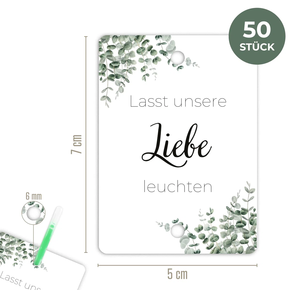 50x Lasst unsere Liebe leuchten Wunderkerzen Hochzeit Etiketten - Schöne, doppelt gelochte Kärtchen für Wunderkerzen und Knicklichter (Eukalyptus, 5 x 7 cm)