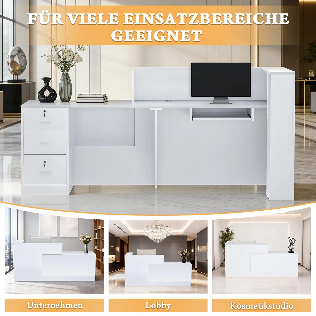 L-förmig Empfangstheke, 180CM x 107CM x 105CM Empfangstresen mit Ablagefächern & Schublade, Reception Desk für Büro, geeignet für Salons, Lobbys (Weiß, Linker Schrank)