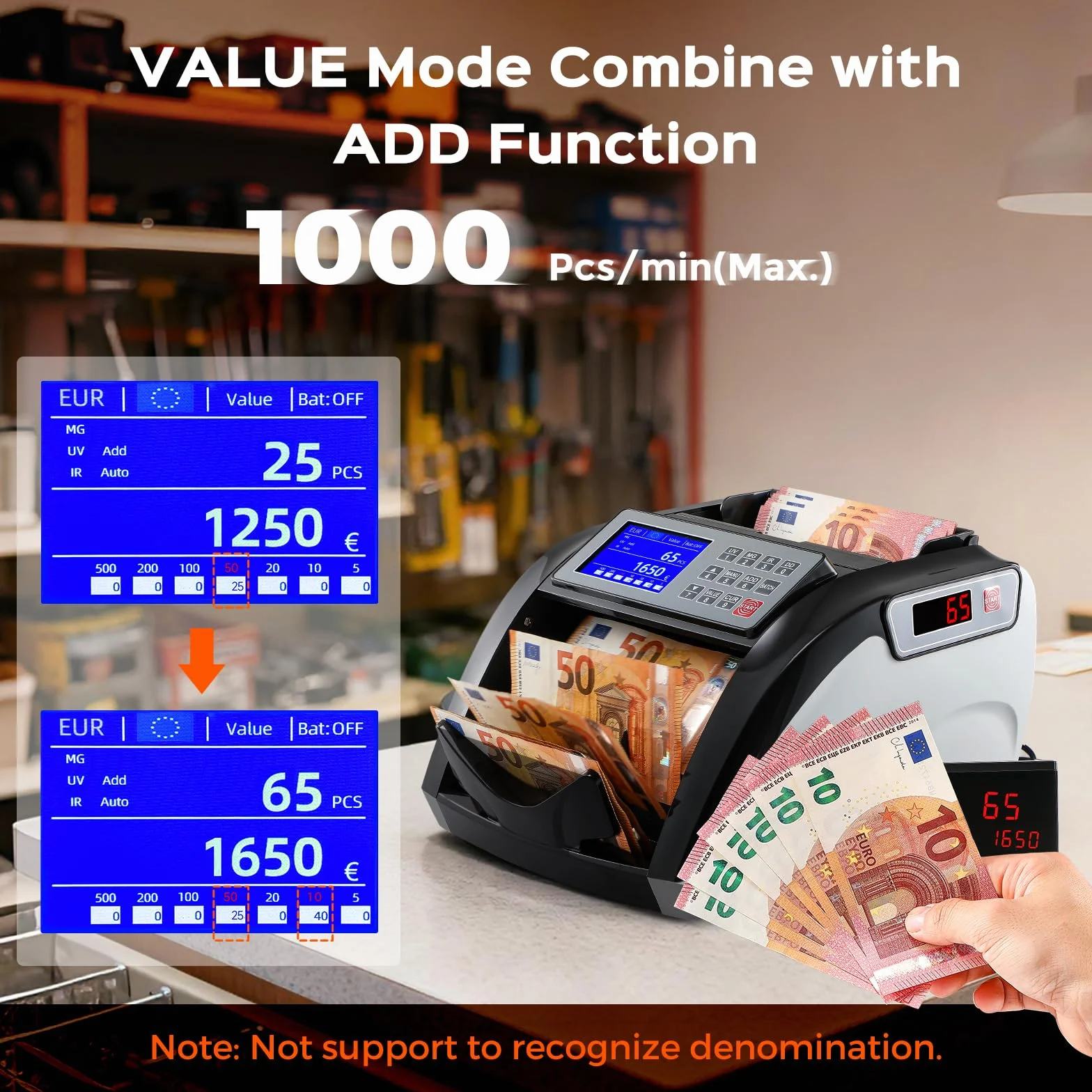 Bonvoisin Geldzählmaschine, Wertzähler für Sortierte Banknoten, Banknotenzähler mit UV/IR/MG-Falschgelderkennung, 1000 Stück/min, Geldzähler mit Touchscreen (Mischbeträge nicht Zählbar)