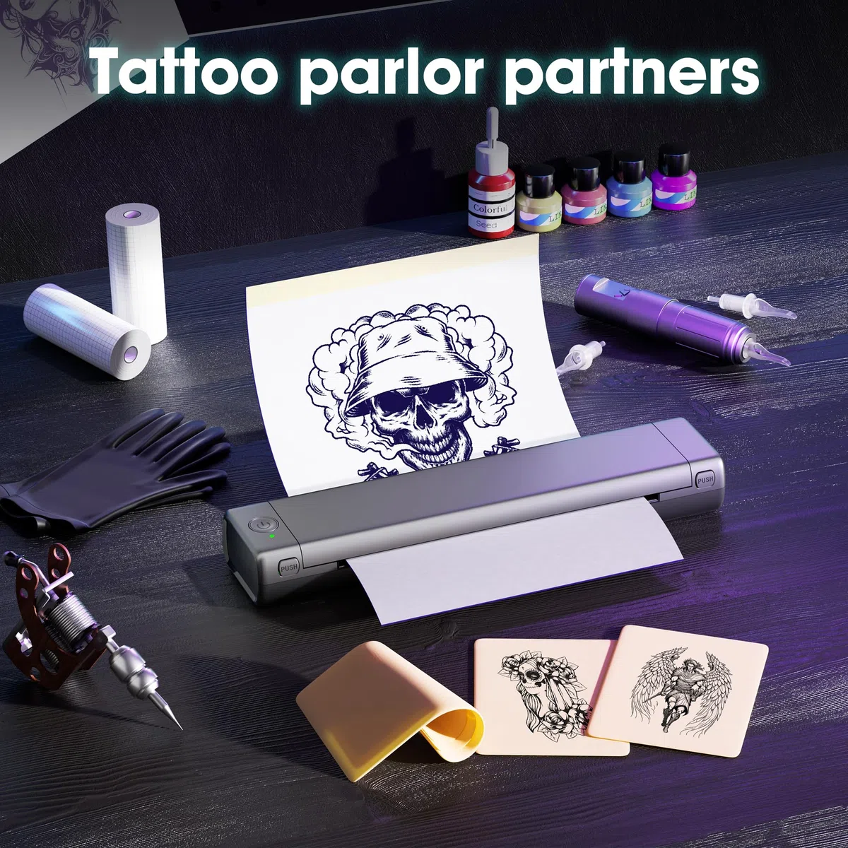 Tattoo Drucker Stencil Drucker mit 10 Blatt Stencil Papier für Tattoo Maschine Set, Thermodrucker Tattoo Kompatibel mit IPad & Telefon & PC für Tattoo Künstler und Anfänger DIY Tattoos, Grau
