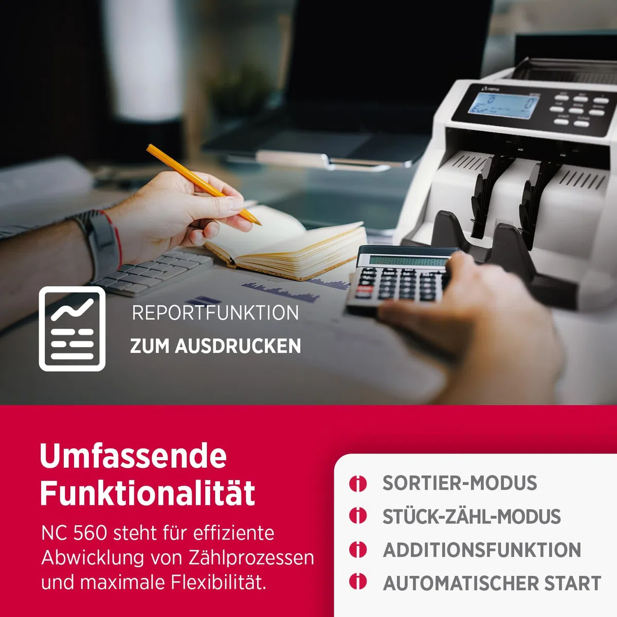 Olympia NC 560 Geldzählmaschine für Scheine | Gemischtwertzähler für unsortierte Banknoten | Banknotenzähler mit Falschgeld Prüfer | LCD Display | Geldscheinprüfgerät | 1000 Noten/Min | Geldzähler