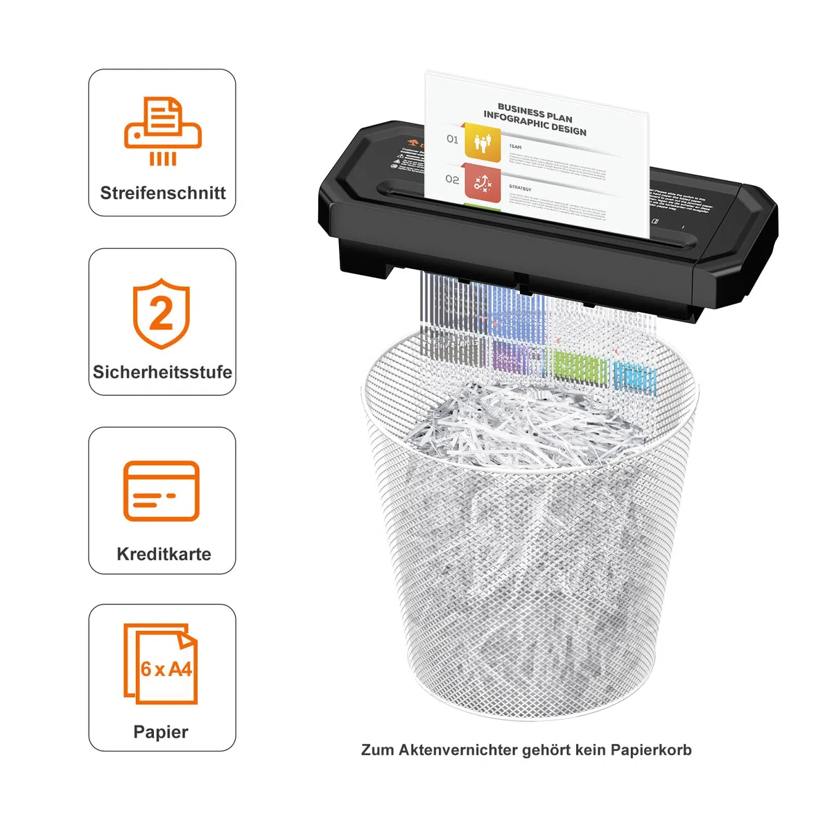 Bonsaii Aktenvernichter, 6-Blatt Streifenschnitt für Homeoffice, inklusive Kreditkartenvernichtung, P-2, Ausziehbarem Griff, geeignet für Abfallbehälter mit 31,5–39,5cm Durchmesser, S125-A
