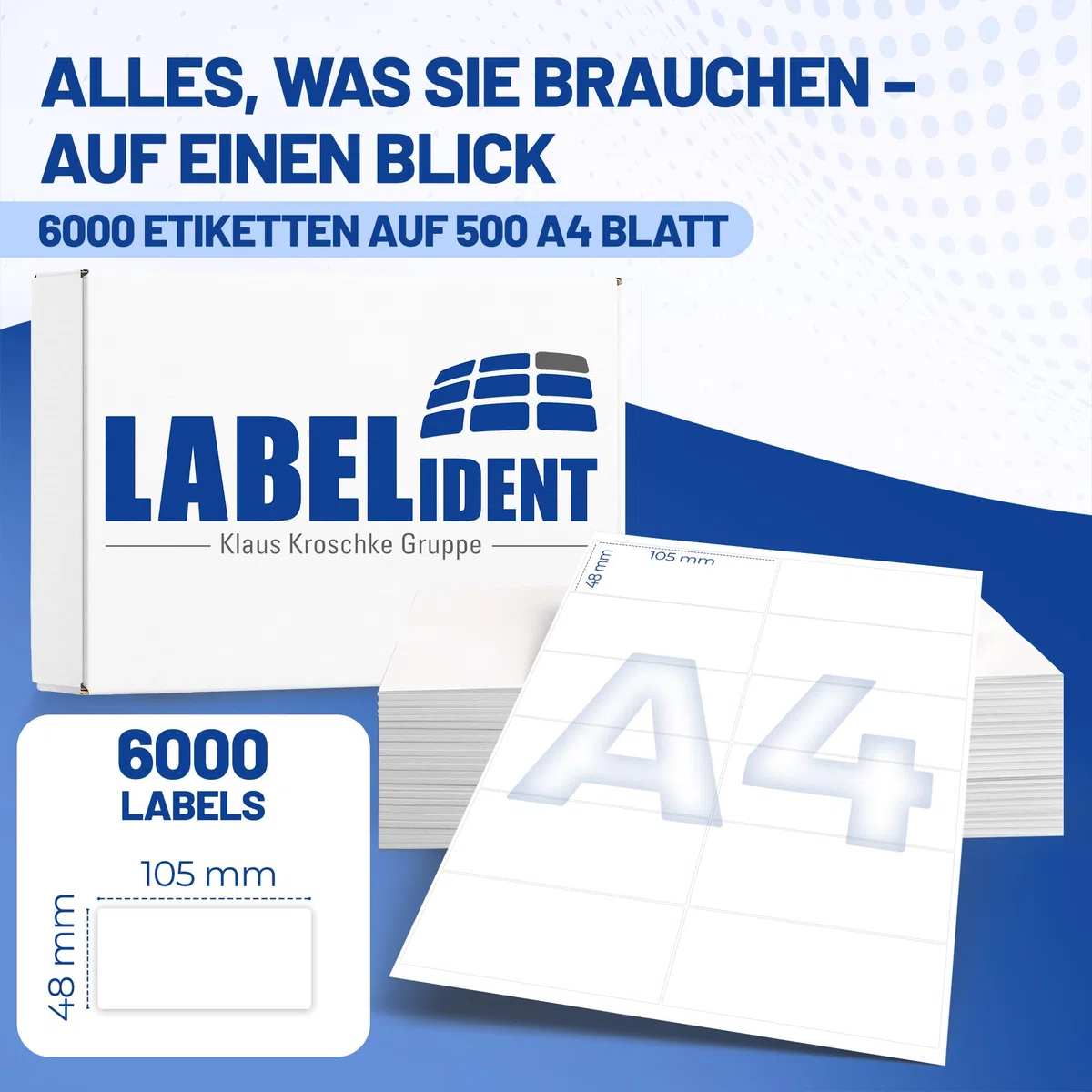 Labelident Laser-Etiketten 105 x 148 mm - 4 Etiketten pro A4-Bogen - 2.000 Etiketten (500 DIN A4 Bögen), selbstklebend, DIN A6 Adressaufkleber, Universal-Etiketten für Laser- & Inkjetdrucker