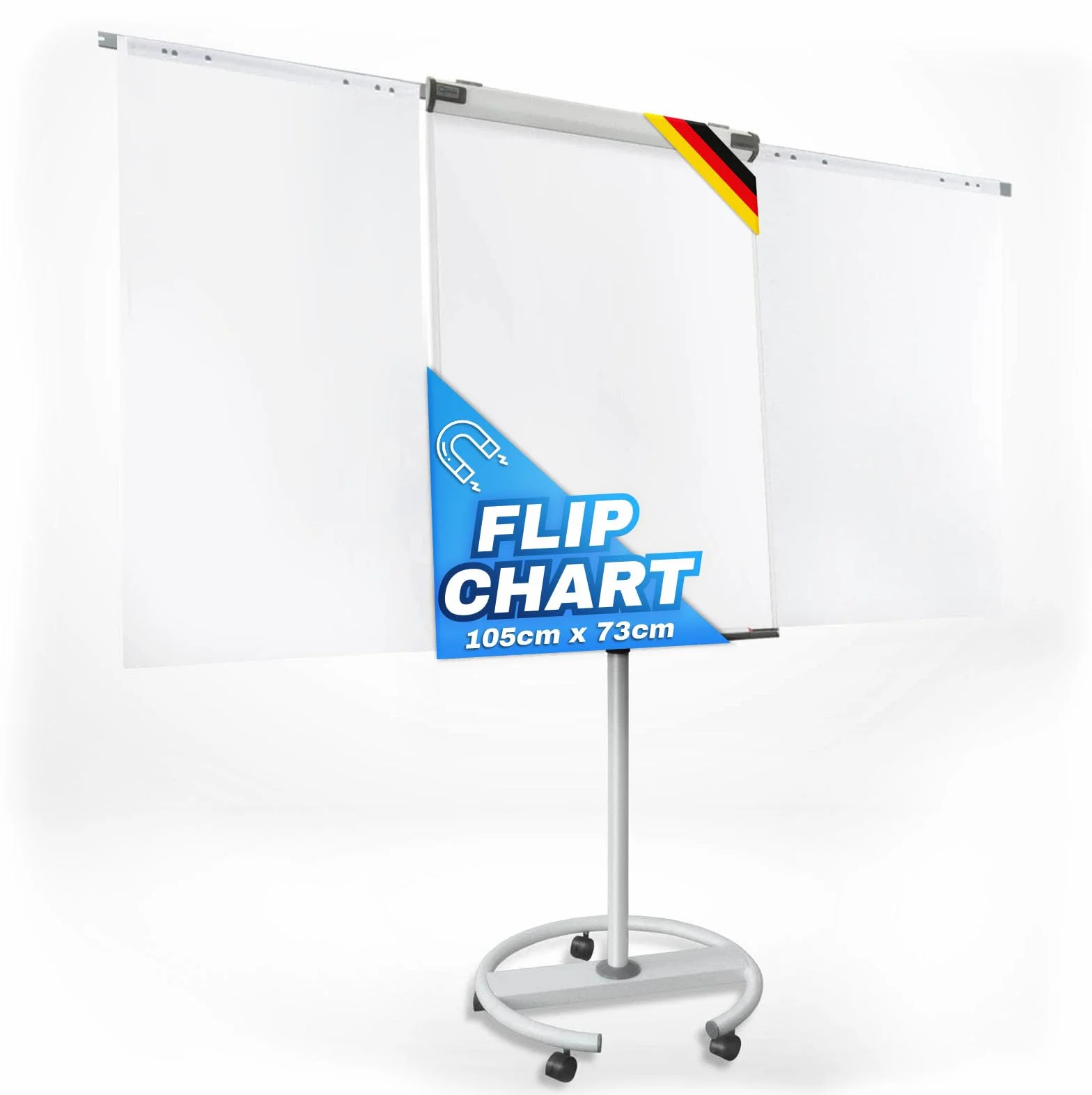 MOB Flipchart Ständer Whiteboard fahrbar mit Rollen Ständer 73x105cm | Höhenverstellbar bis 210cm, Beschreibbar, Trocken abwischbar, magnetisch, Flip Chart mit Magnettafel rollbar & Seitenarmen Shark