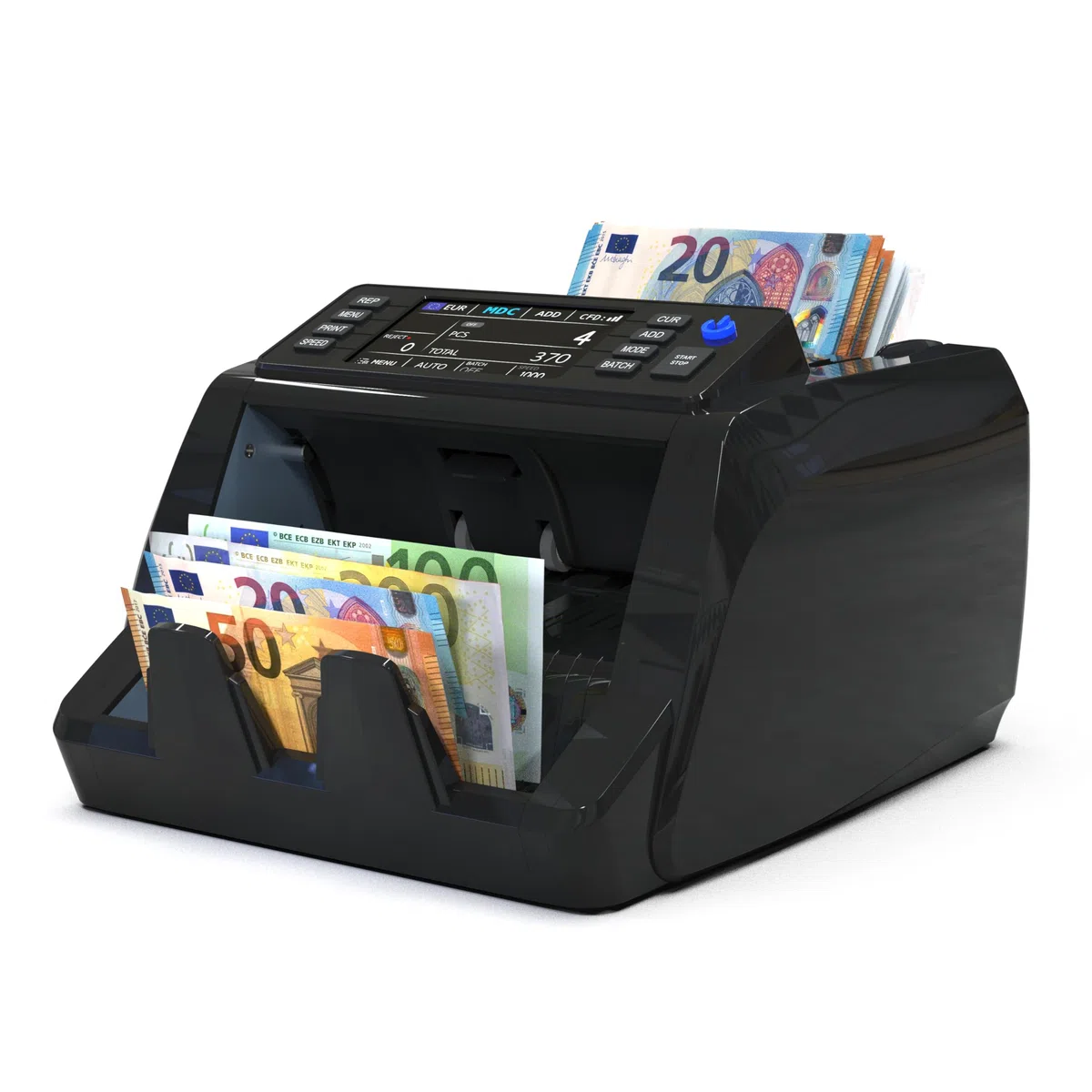 Detectalia V20 Banknotenzähler mit UV/MG/IR/MT/CIS Erkennung, 4,5” Touchscreen + Externes Display, Seriennummern-Lesung, Multiwährungs-Mischzählung (EUR/GBP/CHF/USD/SEK/PLN/TRY/DKK), 1200 Scheine/Min