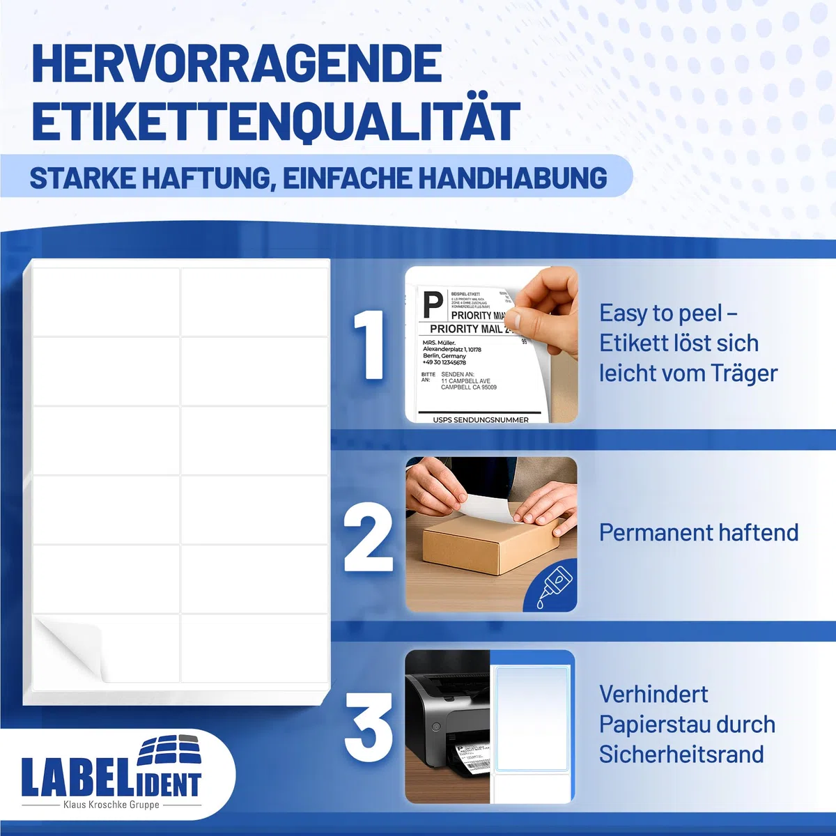 Labelident Laser-Etiketten 105 x 148 mm - 4 Etiketten pro A4-Bogen - 2.000 Etiketten (500 DIN A4 Bögen), selbstklebend, DIN A6 Adressaufkleber, Universal-Etiketten für Laser- & Inkjetdrucker