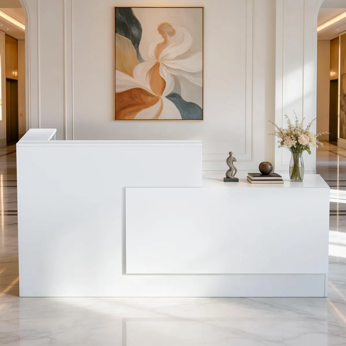 L-förmig Empfangstheke, 180CM x 107CM x 105CM Empfangstresen mit Ablagefächern & Schublade, Reception Desk für Büro, geeignet für Salons, Lobbys (Weiß, Linker Schrank)