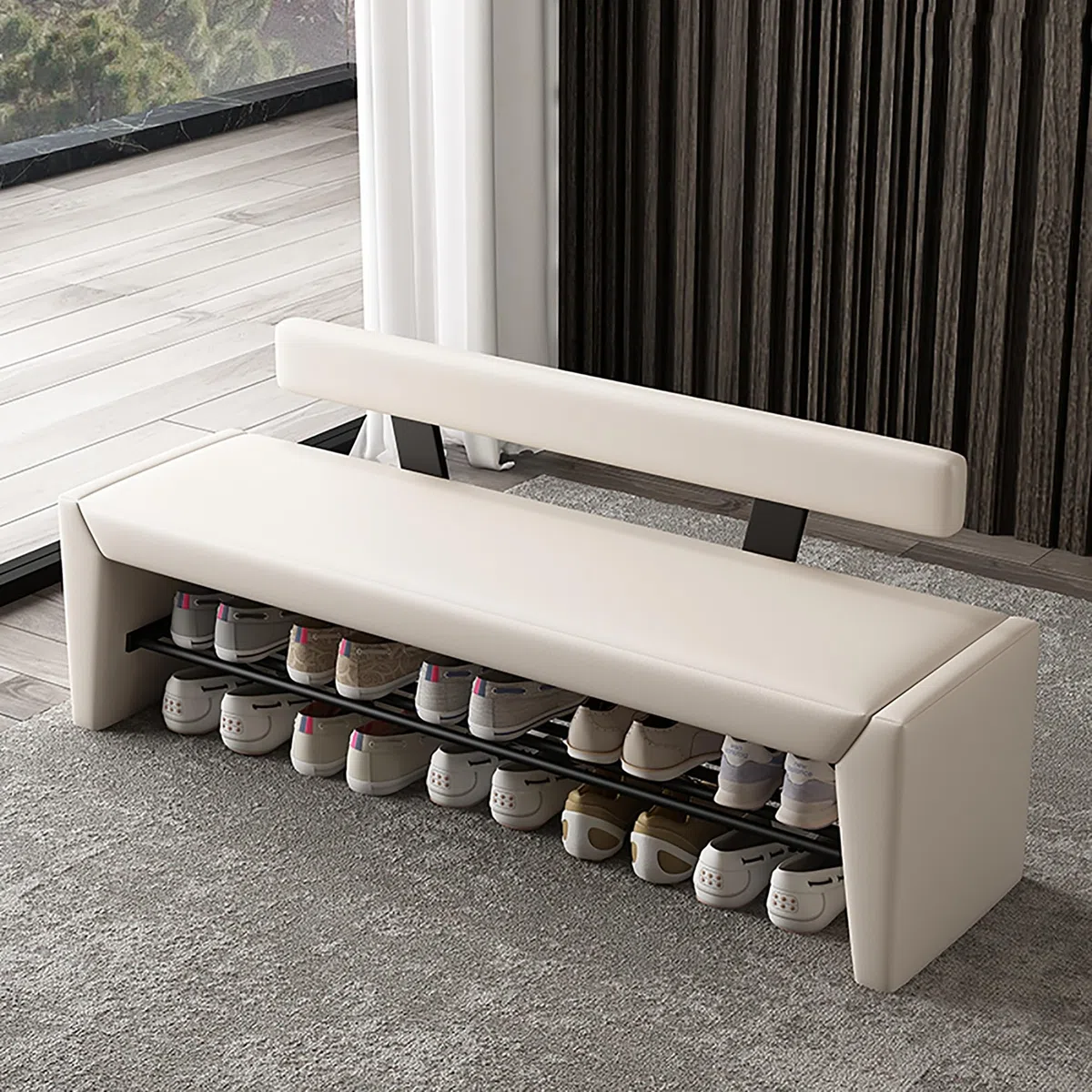 Eingangsbank mit Schuhregal-Organizer – Industrielle Schuhregalbank mit Kissen, Aufbewahrungsbank am Bettende, Eingangsbank aus Holz und Metall für Flur, Schlafzimmer, Wohnzimmer – Sitzbank(Wit,120x40