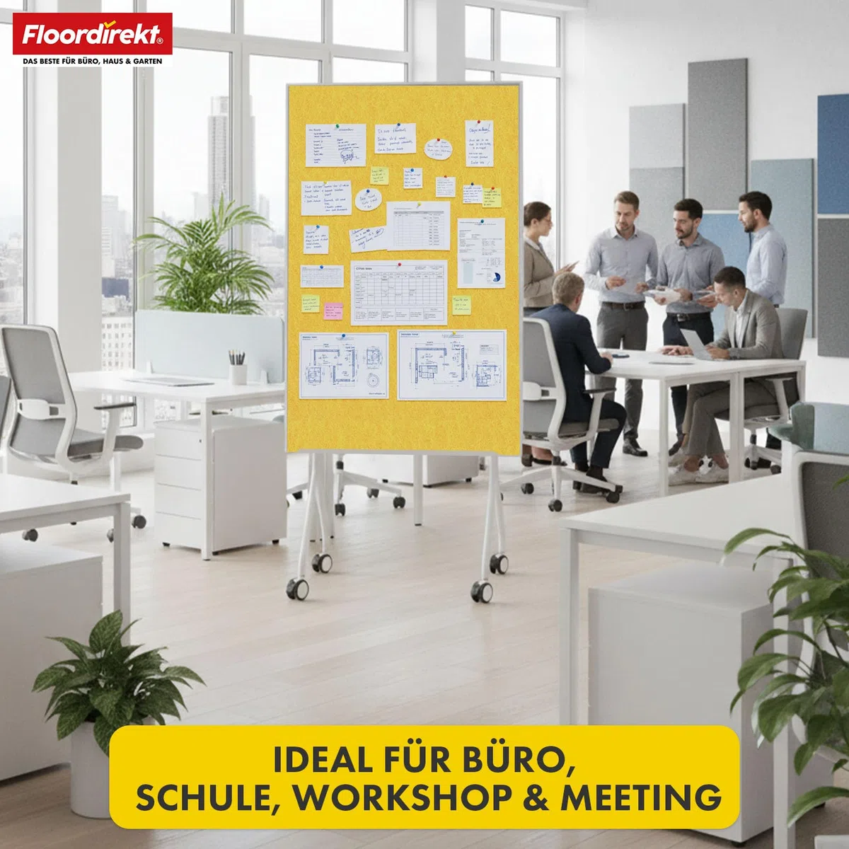 Floordirekt Moderationwand Doppelseitig 80 x 120 cm Präsentationstafel mit feststellbaren Rollen - Filztafel Pinnwand - Stabiler Metallrahmen - Giant (Gelb)