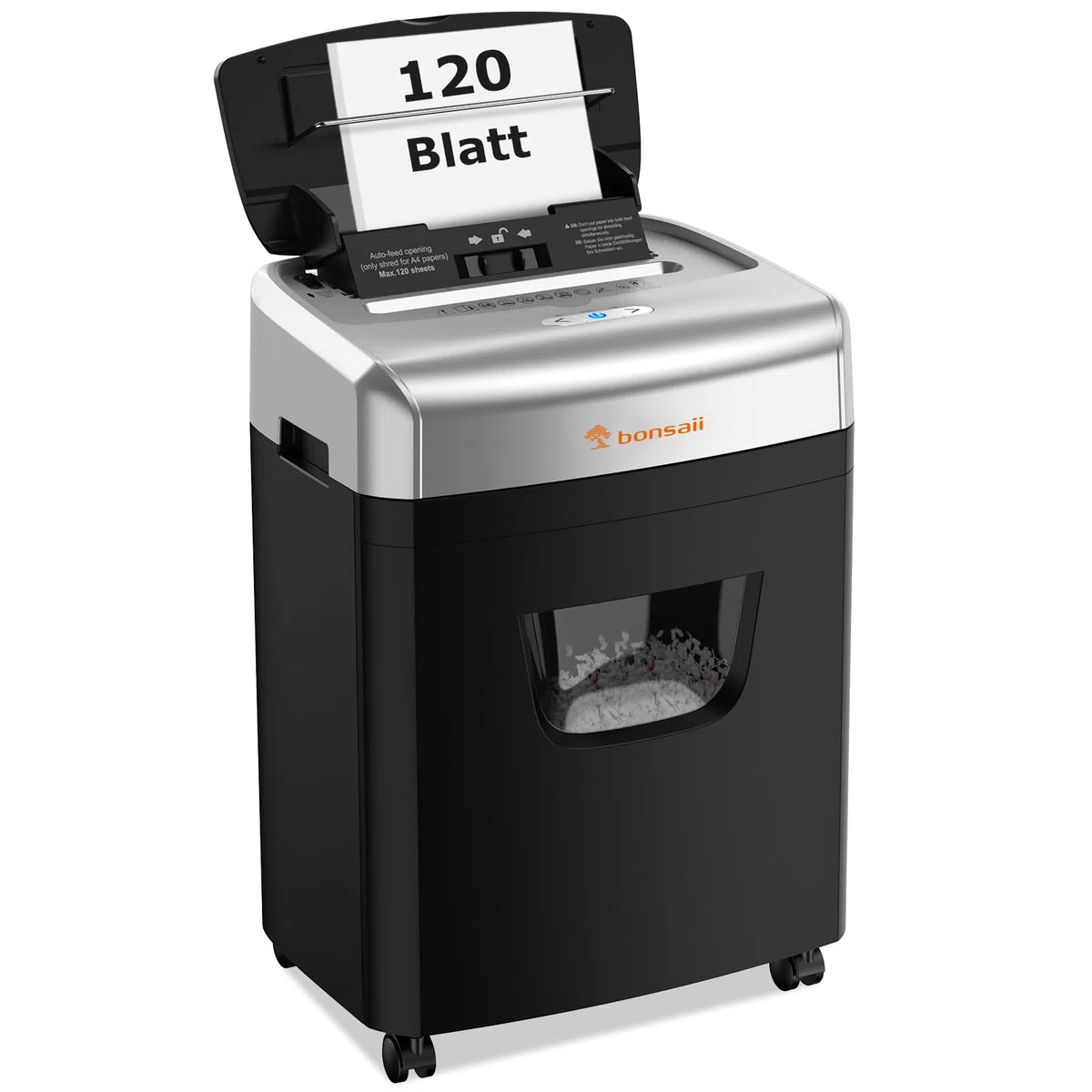Bonsaii 120 Blatt Aktenvernichter mit Automatischem Einzug, P-4 Partikelschnitt, Extrem Leise mit 62dB, 23-Liter-Behälter und 4 Rädern, Autofeed-Mikroschnitt-Schredder für das Büro(C233-B)
