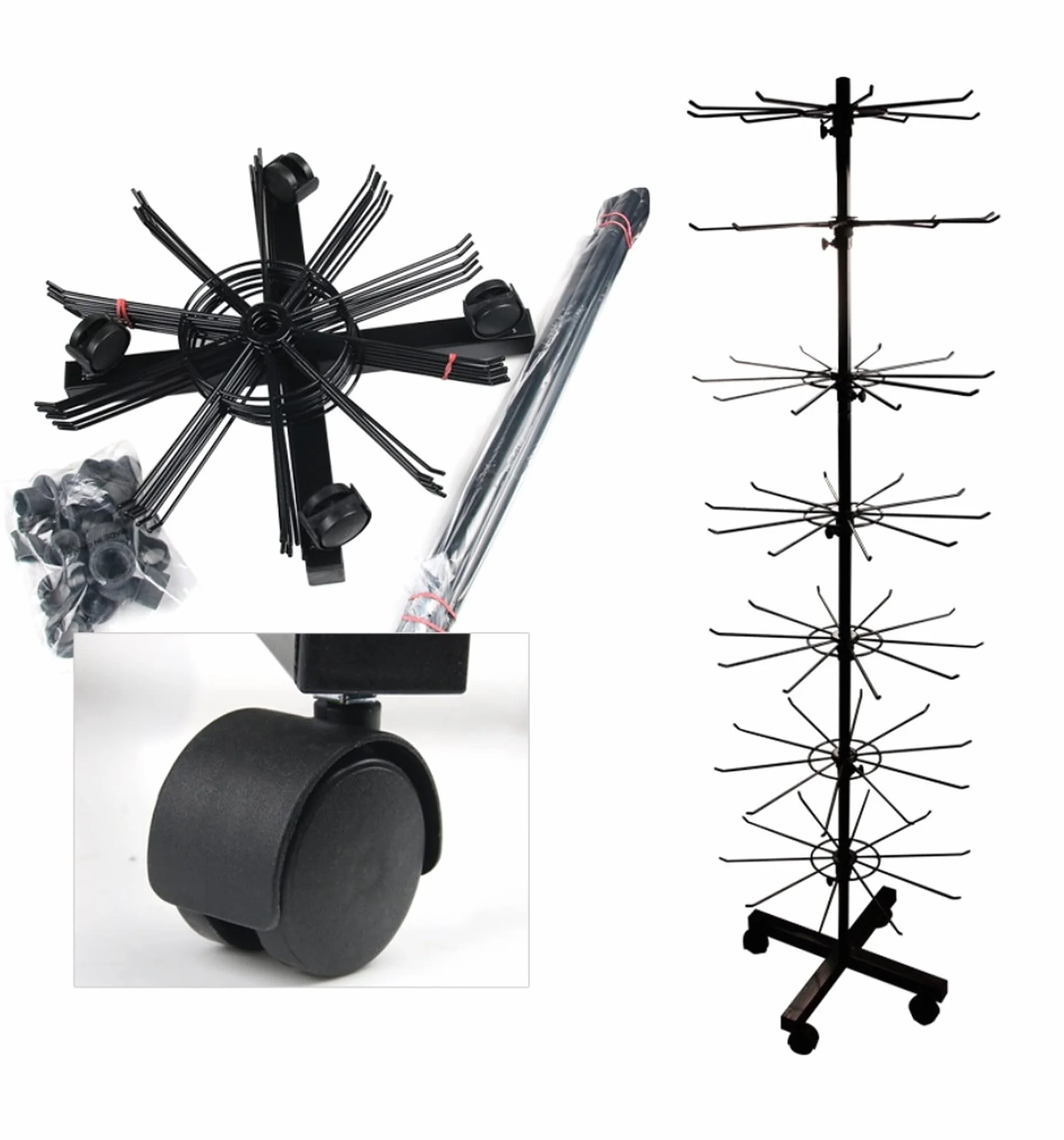 2er Set - Verkaufsständer drehbar Höhe 155cm | rollbares Warenständer 7 Etagen | Drehständer mit 70x Haken aus Metall | Ständer Ladenausstattung Theke | Ladeneinrichtung Kleinartikelständer in [weiß]