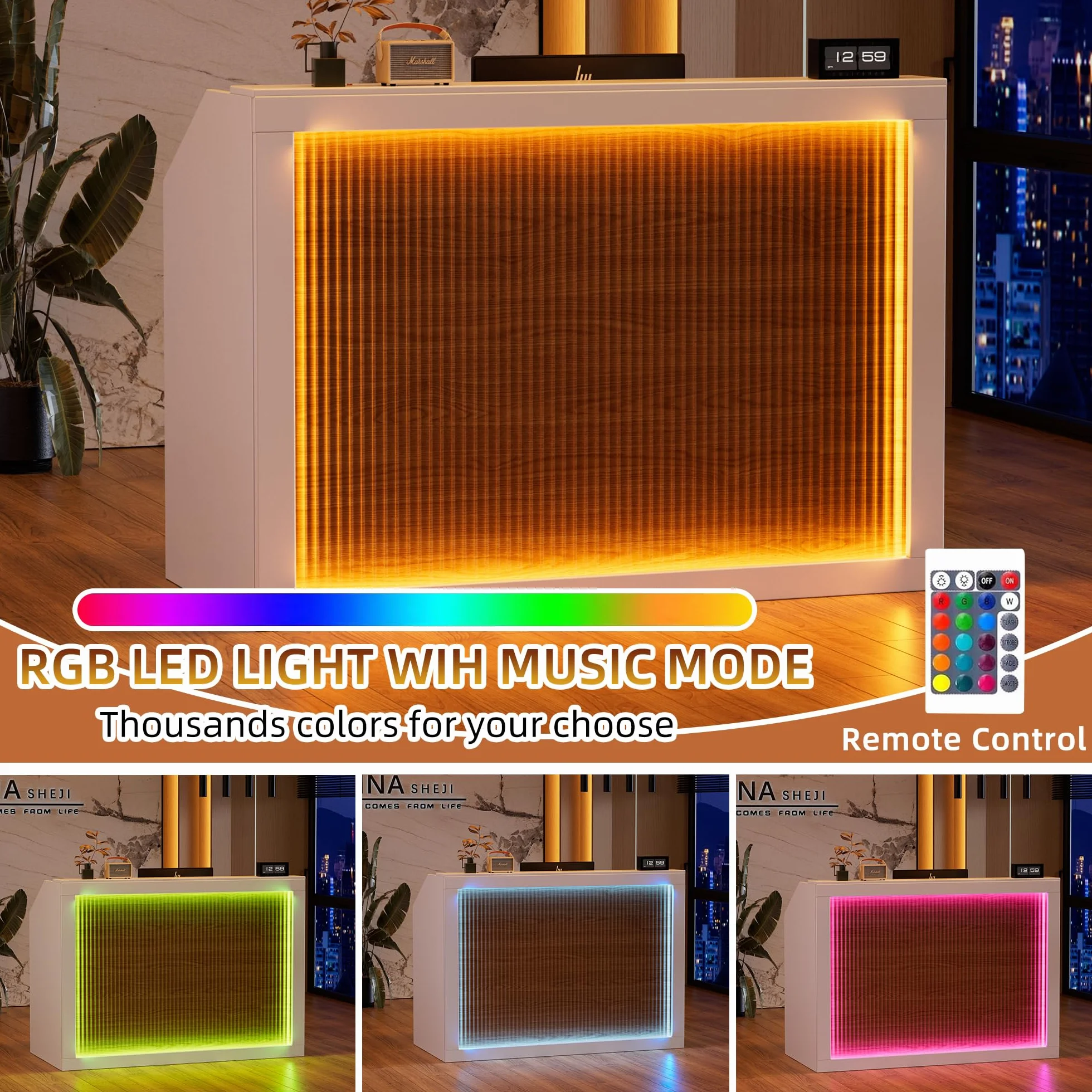 MSFE Empfangstheke mit LED,Verkaufstheke mit Schubladen,Schränke,Regale und Ladestation,Modern Holz Empfangsmöbel Rezeption Tisch Kompakt Fronttresen für Beauty Salon,Geschäft,Hotel,Büro,140*60*110CM