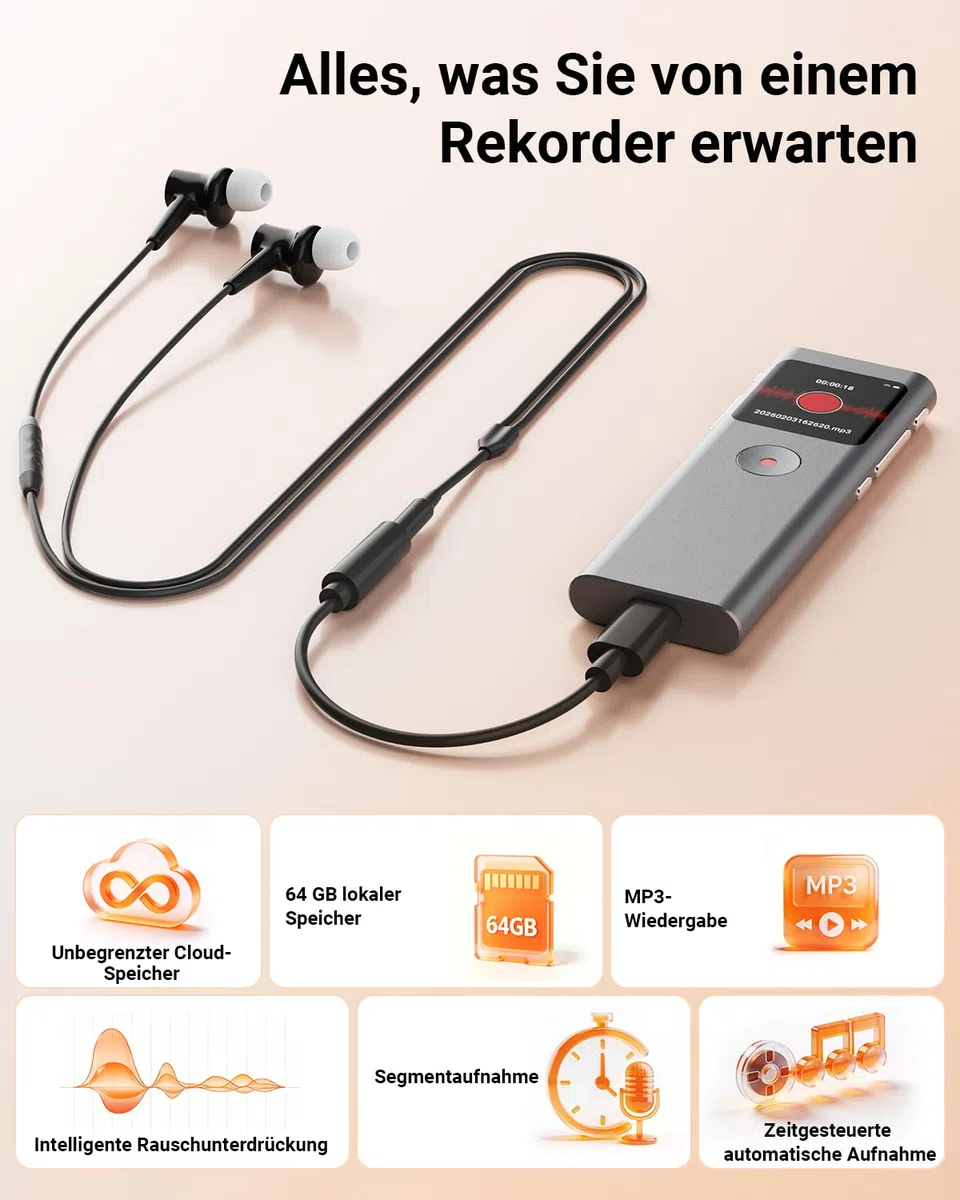 KI Digitales Diktiergerät, Transkribieren und Zusammenfassen, Sprachaktivierte Aufnahme mit Playback, 90+ Sprachen, 64 GB Speicher, One-Touch-Aufnahme, Für Vortrag/Interviews/Klassen
