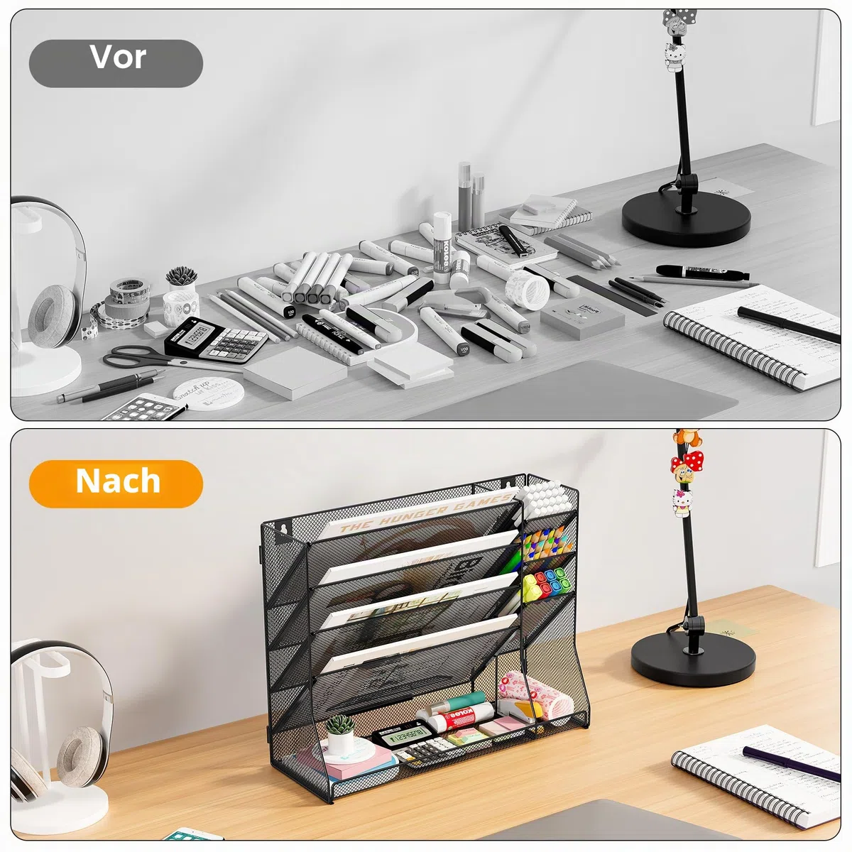 TQVAI 5 Fächer Metall Zeitschriftenhalter Wand Dokumenten Organizer mit 3 Stiftehalter A4 Papier Flyerhalter Postsortierer Dokumentenablage für Büro Zuhause Schule, Schwarz