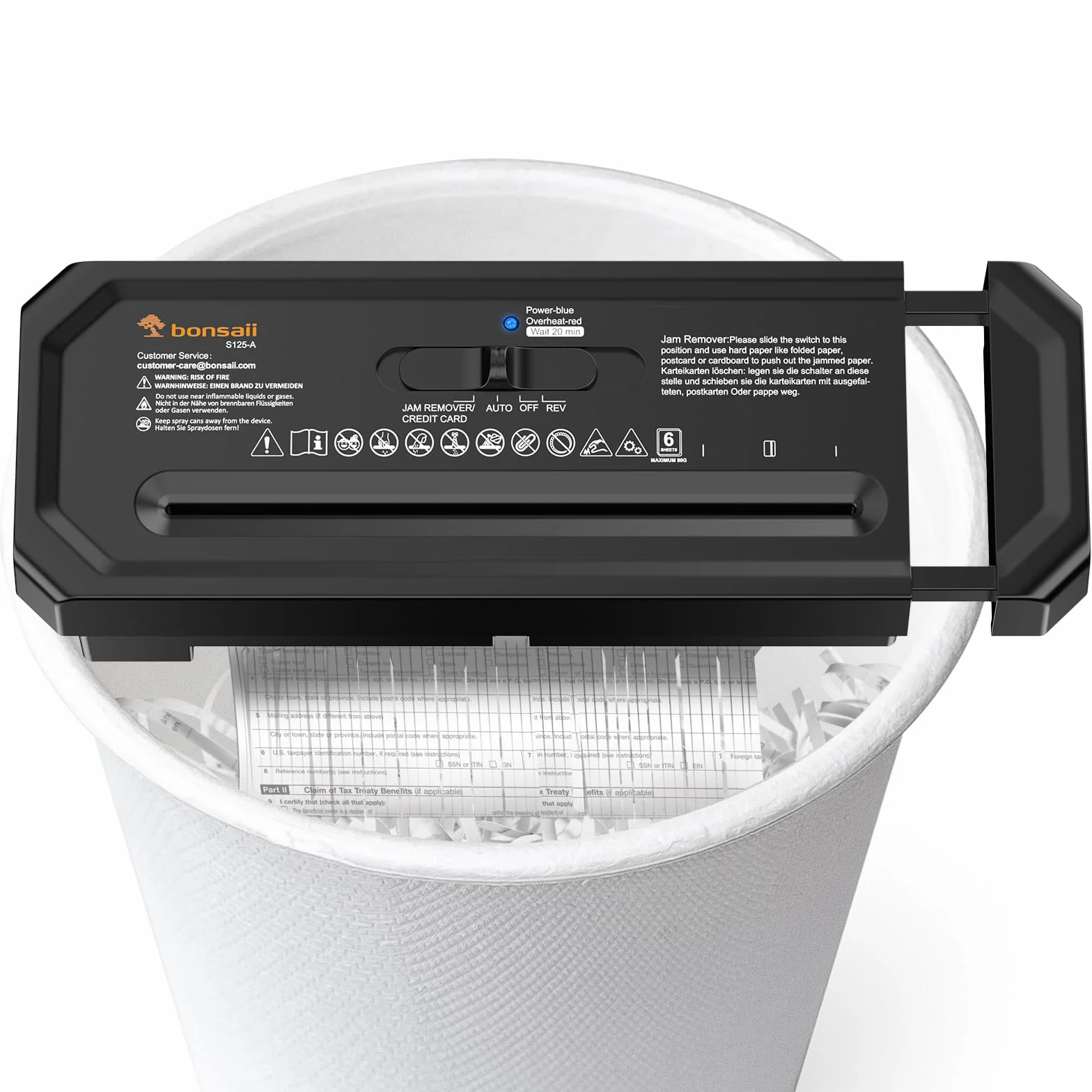 Bonsaii Aktenvernichter, 6-Blatt Streifenschnitt für Homeoffice, inklusive Kreditkartenvernichtung, P-2, Ausziehbarem Griff, geeignet für Abfallbehälter mit 31,5–39,5cm Durchmesser, S125-A