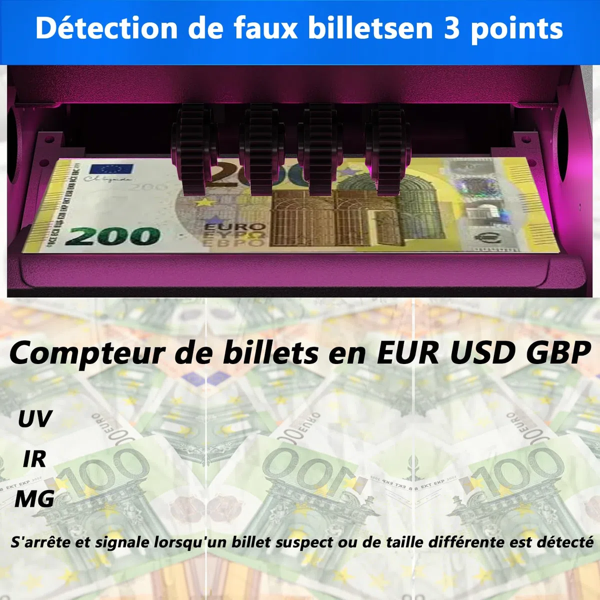 Geldzählmaschine, EUR USD GBP-Geldzähler, UV/MG-Erkennung, 1000 Blatt/min, LCD-Display, 2 Jahre Garantie, Kann gemischte Noten nicht zähle NX-270