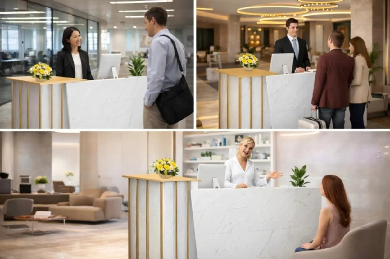Empfangstheke Modern mit Stauraum und Schubladen, Rezeptionstresen für Büro, Salon, Hotel, Laden oder Messe, Empfangstisch und Kassentheke, Kompakter Rezeptionstisch für Empfangsbereich