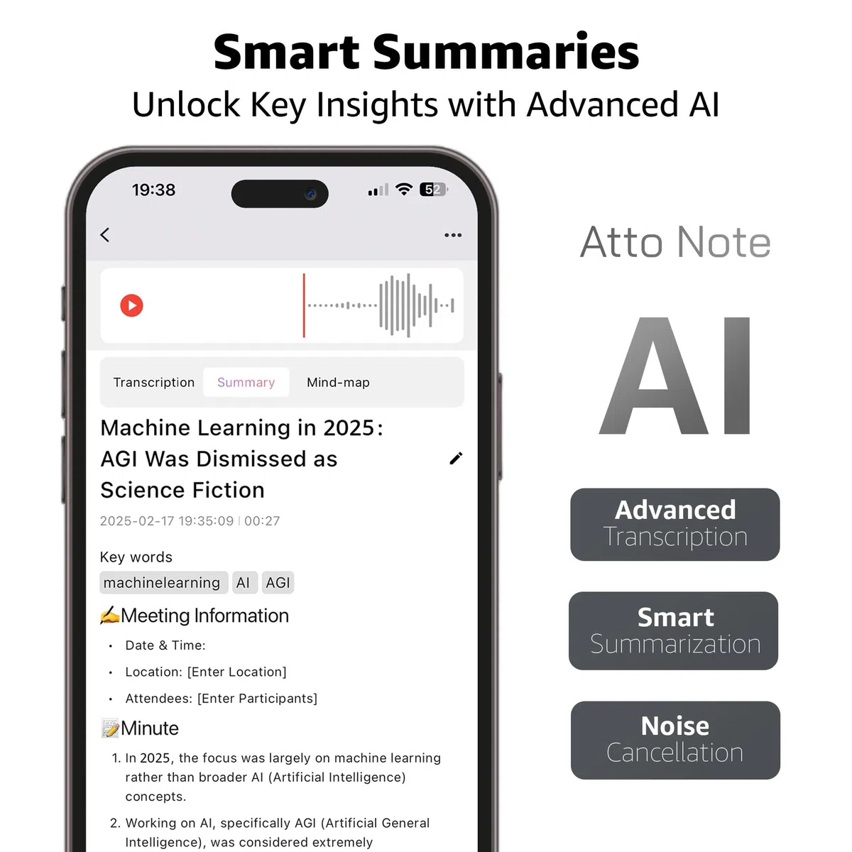 KI-Sprachrekorder, ATTO Note spezielle App zum Transkribieren und Zusammenfassen mit KI-Technologie, Unterstützung mehrerer Sprachen, Audiorecorder für Vorlesungen, Meetings, Memos, Anrufe – 64 GB