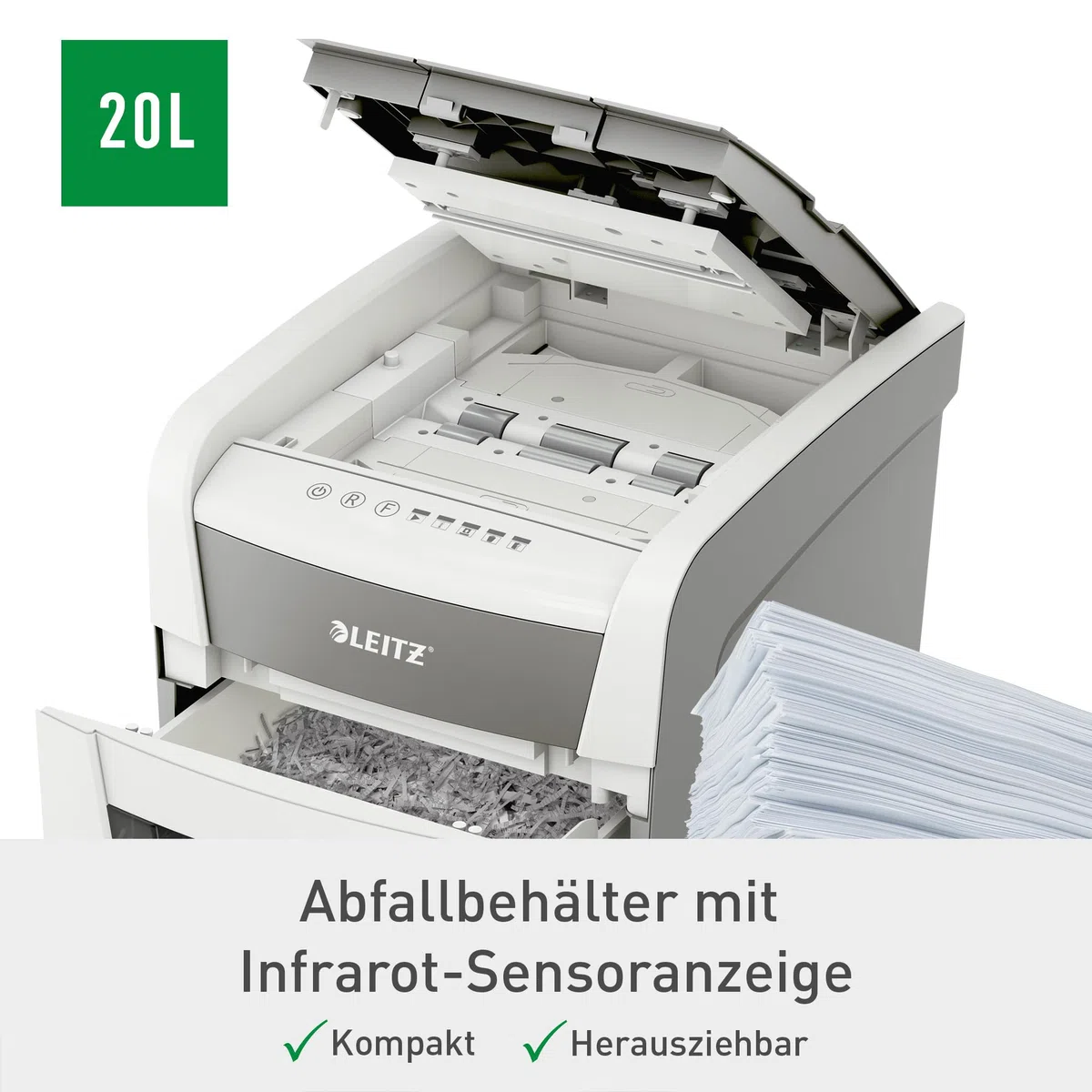 Leitz IQ Autofeed Small Office Aktenvernichter, 50 Blatt Papierstapel schreddern, Zeit sparen mit automatischem Einzug, Partikelschnitt P4, 20L Abfallbehälter, Leiser Betrieb für Büro, 80350000