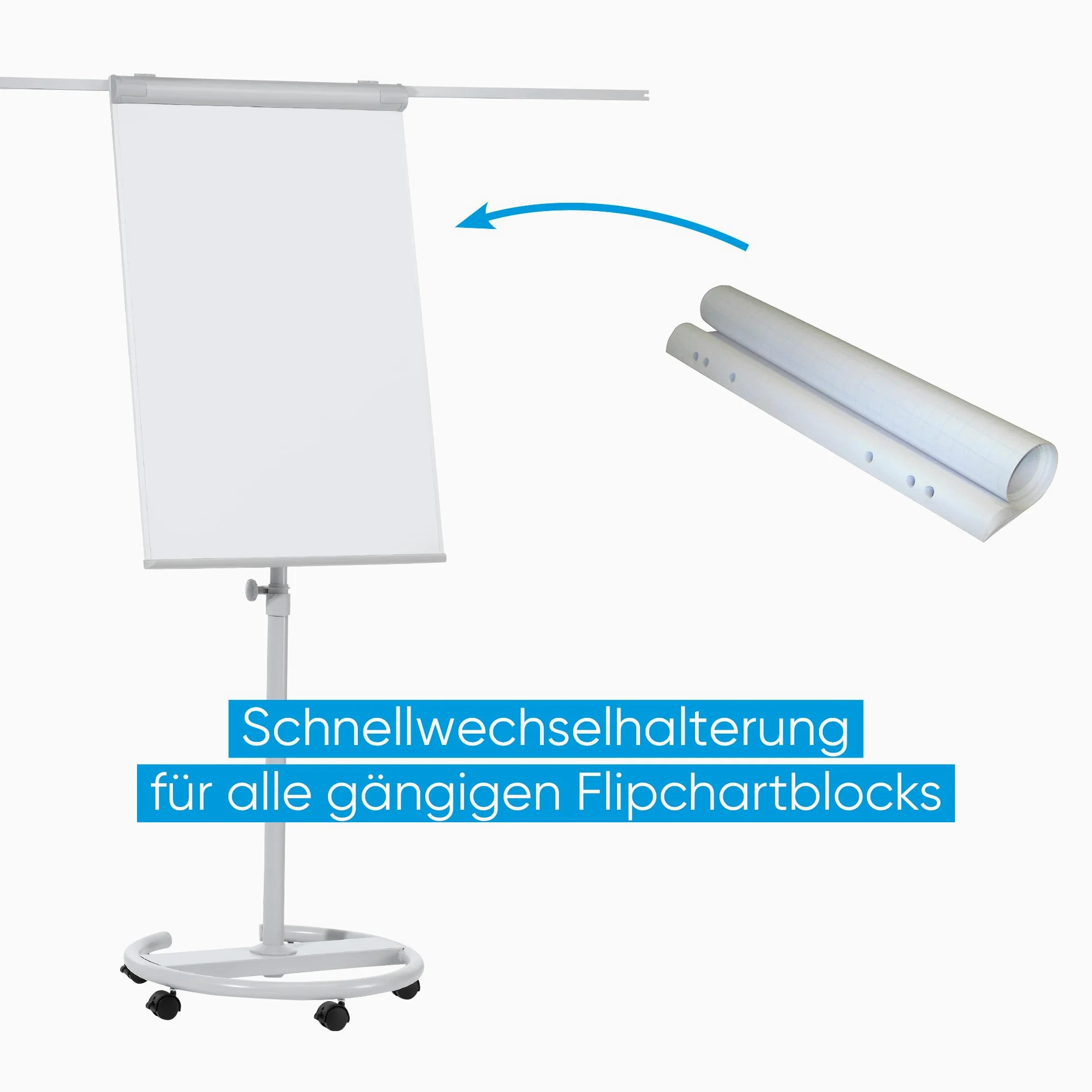 FRANKEN Flipchart, Beschreibbar, Magnetisch, Mobil, Mit Rollen und 2 Seitenarmen, Whiteboard mit Ständer, Papierhalterung und Stifteablage, 68 x 105 cm, ECO Mobil, F2400/N