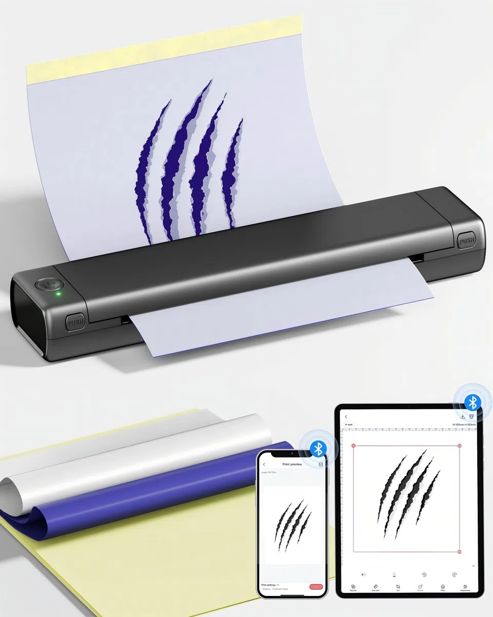 Tattoo Drucker Stencil Drucker mit 10 Blatt Stencil Papier für Tattoo Maschine Set, Thermodrucker Tattoo Kompatibel mit IPad & Telefon & PC für Tattoo Künstler und Anfänger DIY Tattoos, Grau