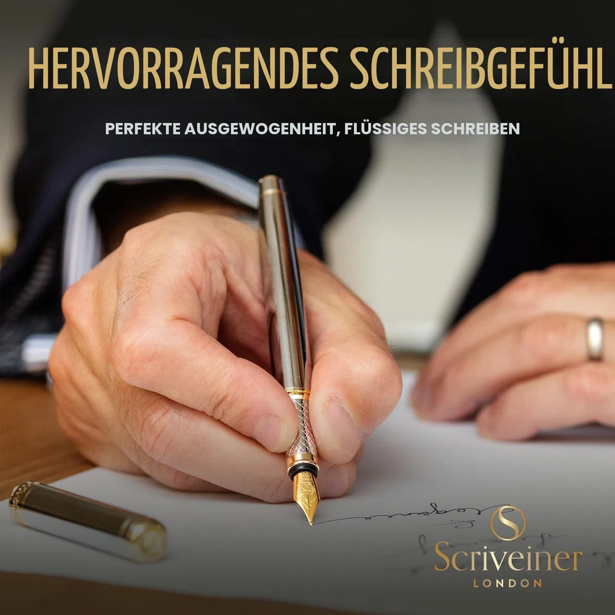 Scriveiner Silber Füllfederhalter Füller Edel mit Echtgold-Finish, Schmidt vergoldete Feder (mittel), Bestes Geschenk für Herren und Damen, Manager, Führungskräfte (Silber Chrom)