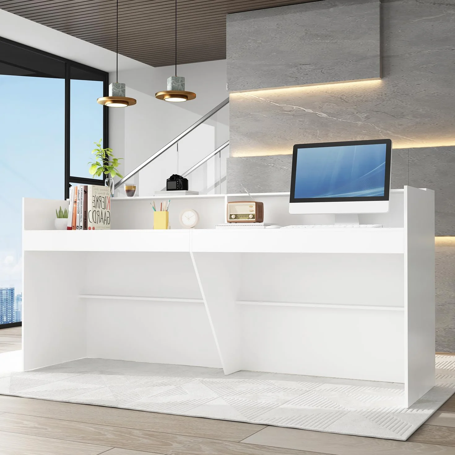 große Empfangstheke mit großer Arbeitsfläche, Empfangstresen, Rezeption, Rezeptionstheken, Laden-Theke, Verkaufstheke, Rezeptionsmöbe, weiß, MDF, 220 cm X 110 cm X 60 cm