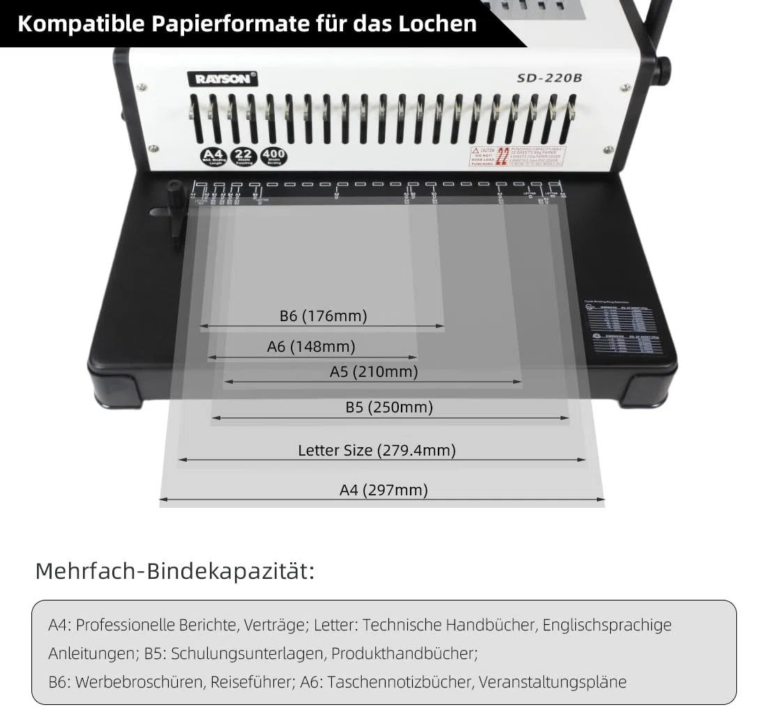 RAYSON Plastik-Bindekamm Bindegerät, 21 Löcher, Bindet 400 Blatt, SD-220B | Robuste Metallkonstruktion, 21 herausnehmbare Stanzmesser, Kostenloses Bindematerial im Lieferumfang enthalten