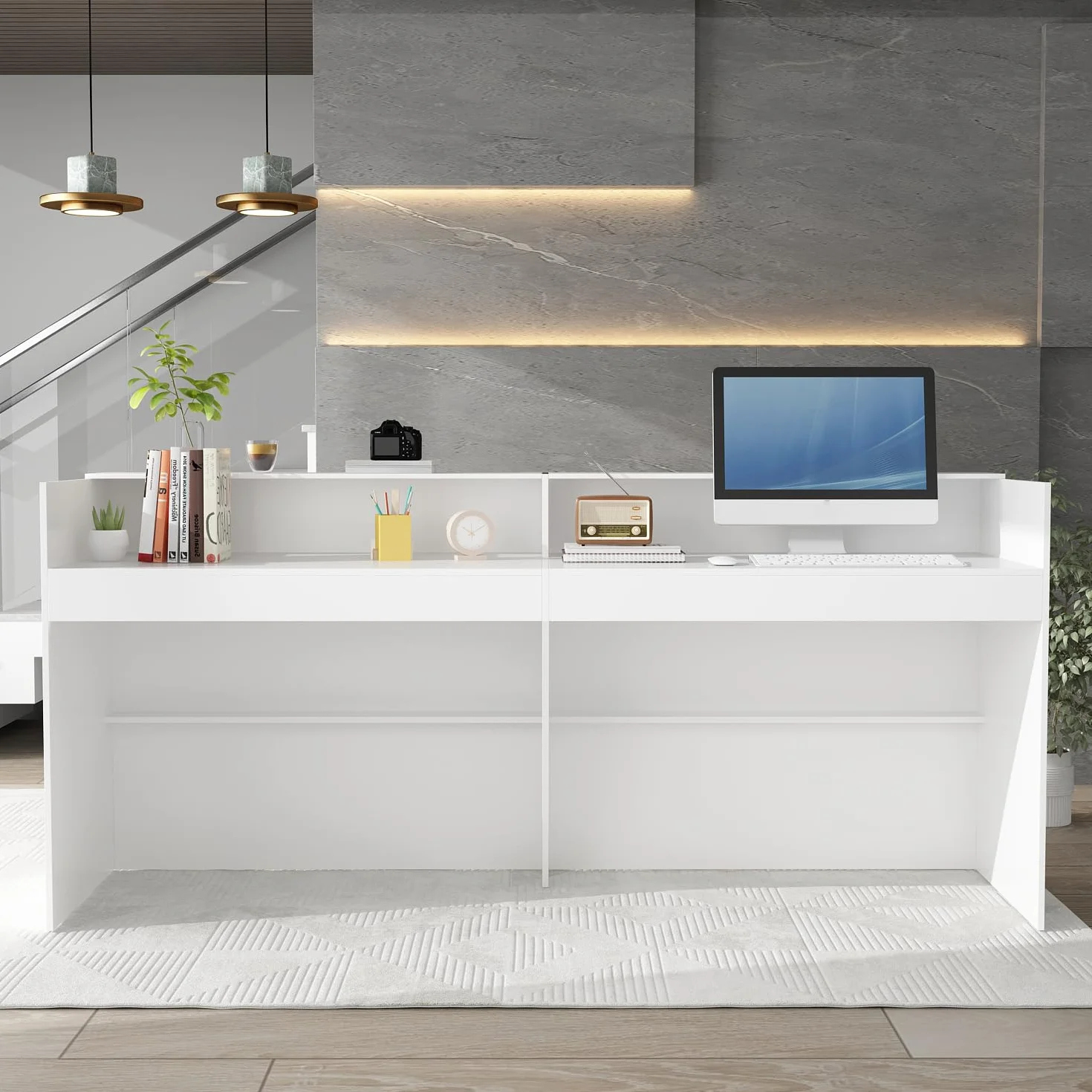 große Empfangstheke mit großer Arbeitsfläche, Empfangstresen, Rezeption, Rezeptionstheken, Laden-Theke, Verkaufstheke, Rezeptionsmöbe, weiß, MDF, 220 cm X 110 cm X 60 cm