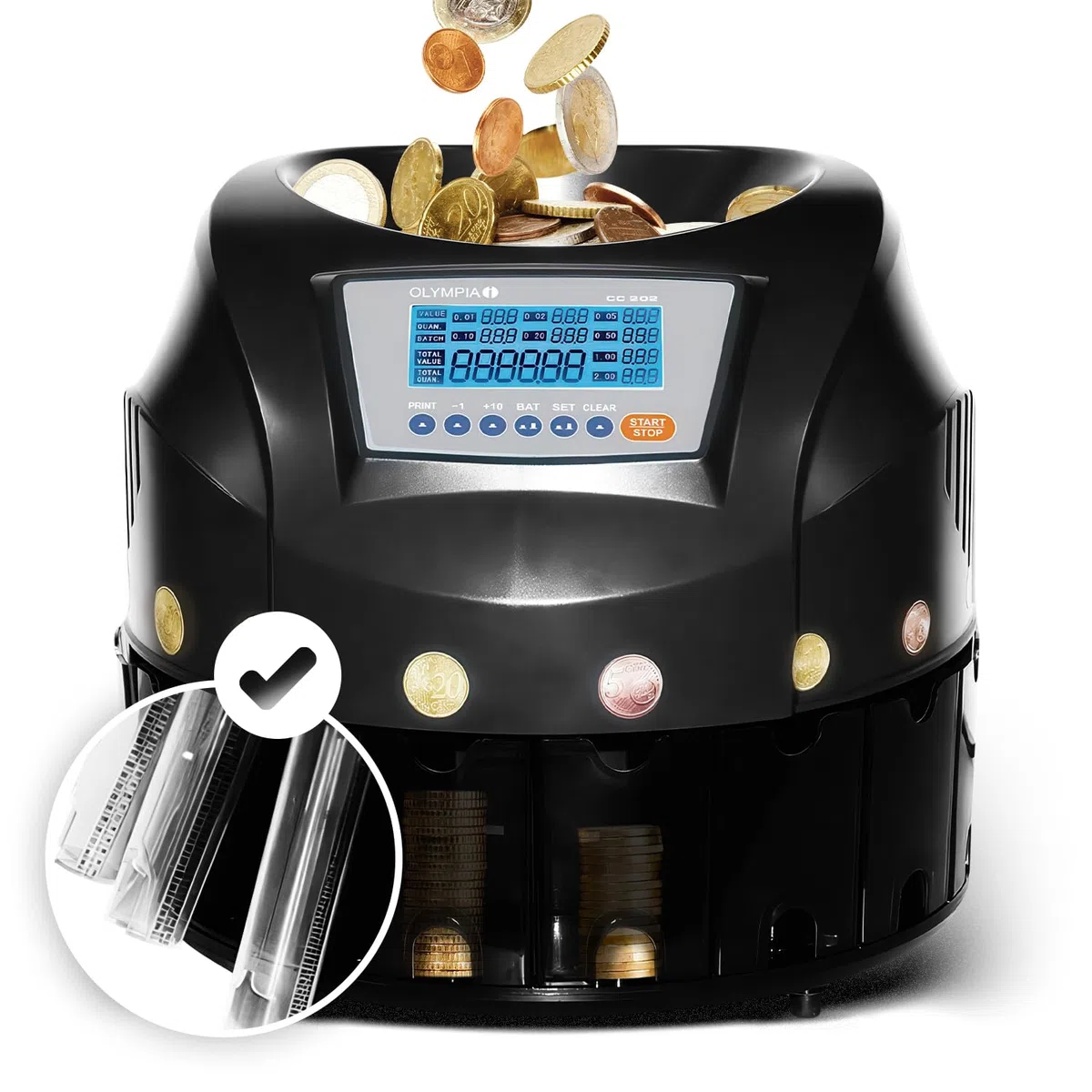 OLYMPIA CC 202 Münzsortierer | Geldzählmaschine für Münzen | Münzzähler & Sortierer für Euro-Münzen | Elektronischer Kleingeld Zähler mit LCD-Display | Zählmaschine mit Additionsfunktion & Bündelung