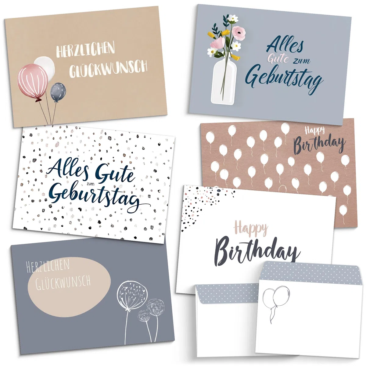 beriluDesign 20 Geburtstagskarten Set mit Umschlägen - Glückwunschkarten, Postkarten zum Geburtstag - Happy Birthday Karten - ideal als Grußkarte oder Gutschein (20 Karten + 20 Umschläge)