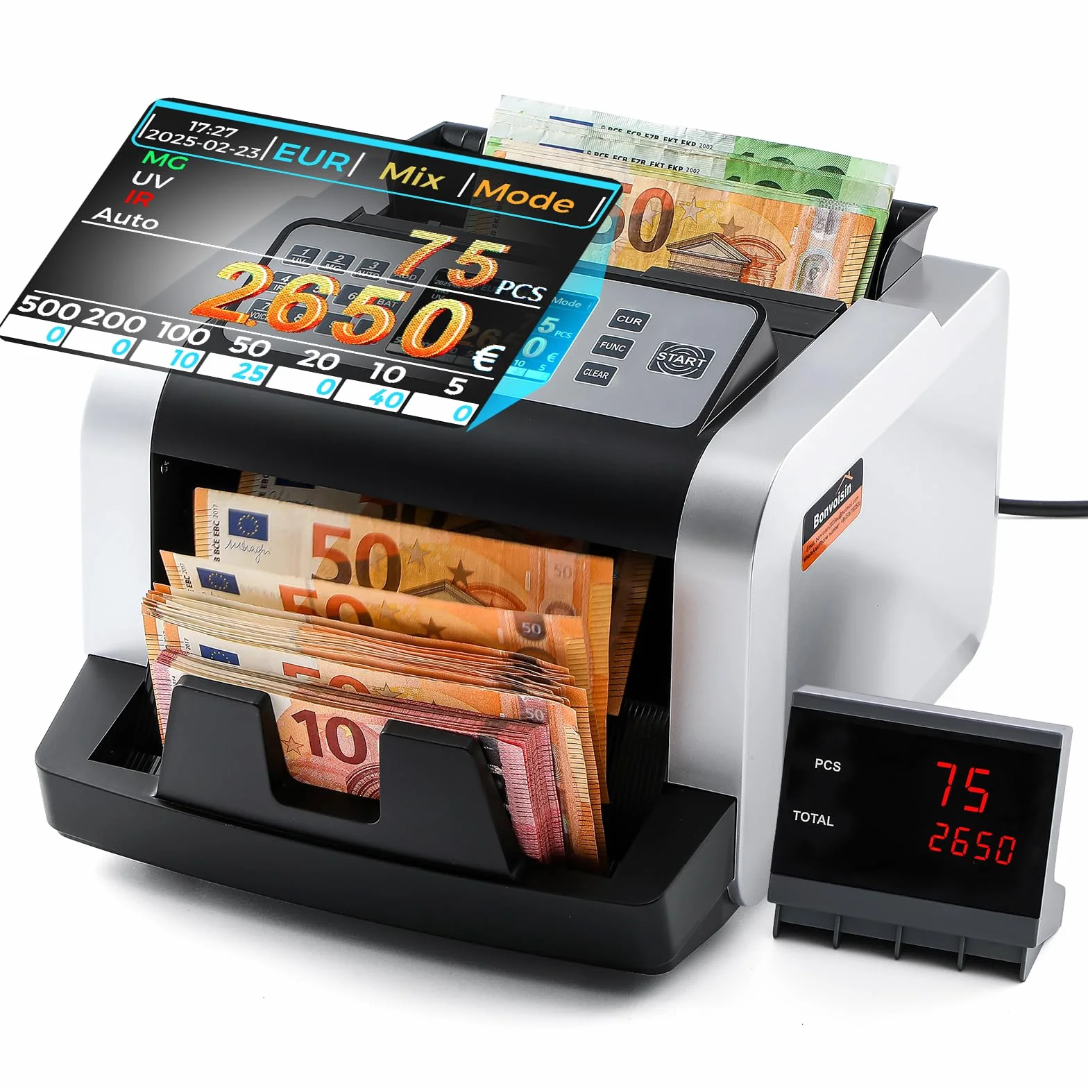Bonvoisin Geldzählmaschine Scheine, Wertzählung für gemischte EUR-Banknoten mit UV/MG/IR-Falschgelderkennung, 1000 Stück/min, Professionell Banknotenzähler mit externem Display