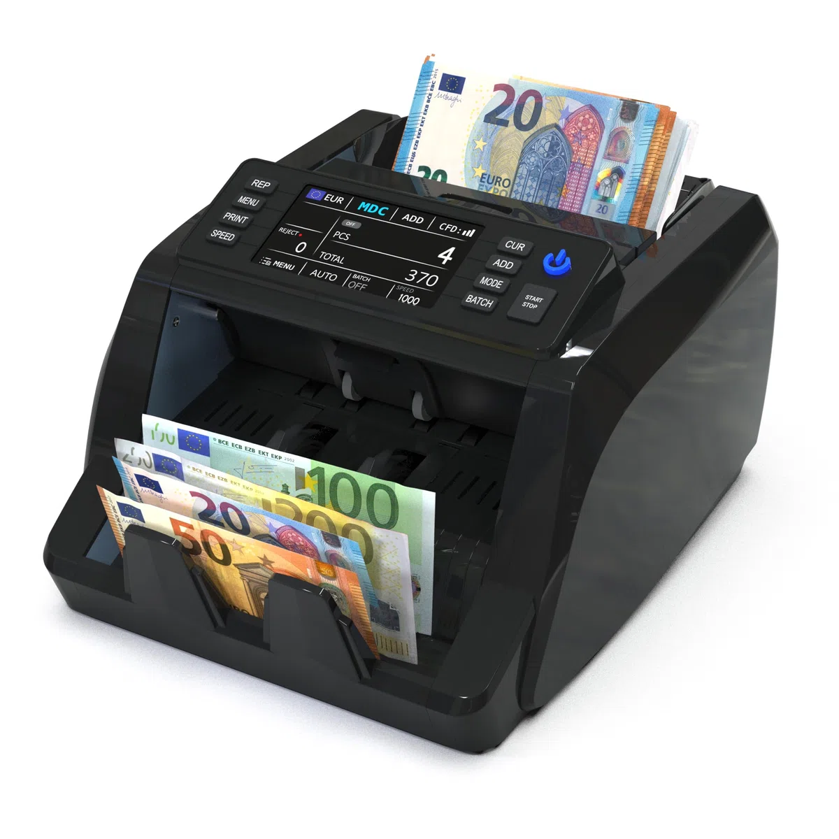 Detectalia V20 Banknotenzähler mit UV/MG/IR/MT/CIS Erkennung, 4,5” Touchscreen + Externes Display, Seriennummern-Lesung, Multiwährungs-Mischzählung (EUR/GBP/CHF/USD/SEK/PLN/TRY/DKK), 1200 Scheine/Min