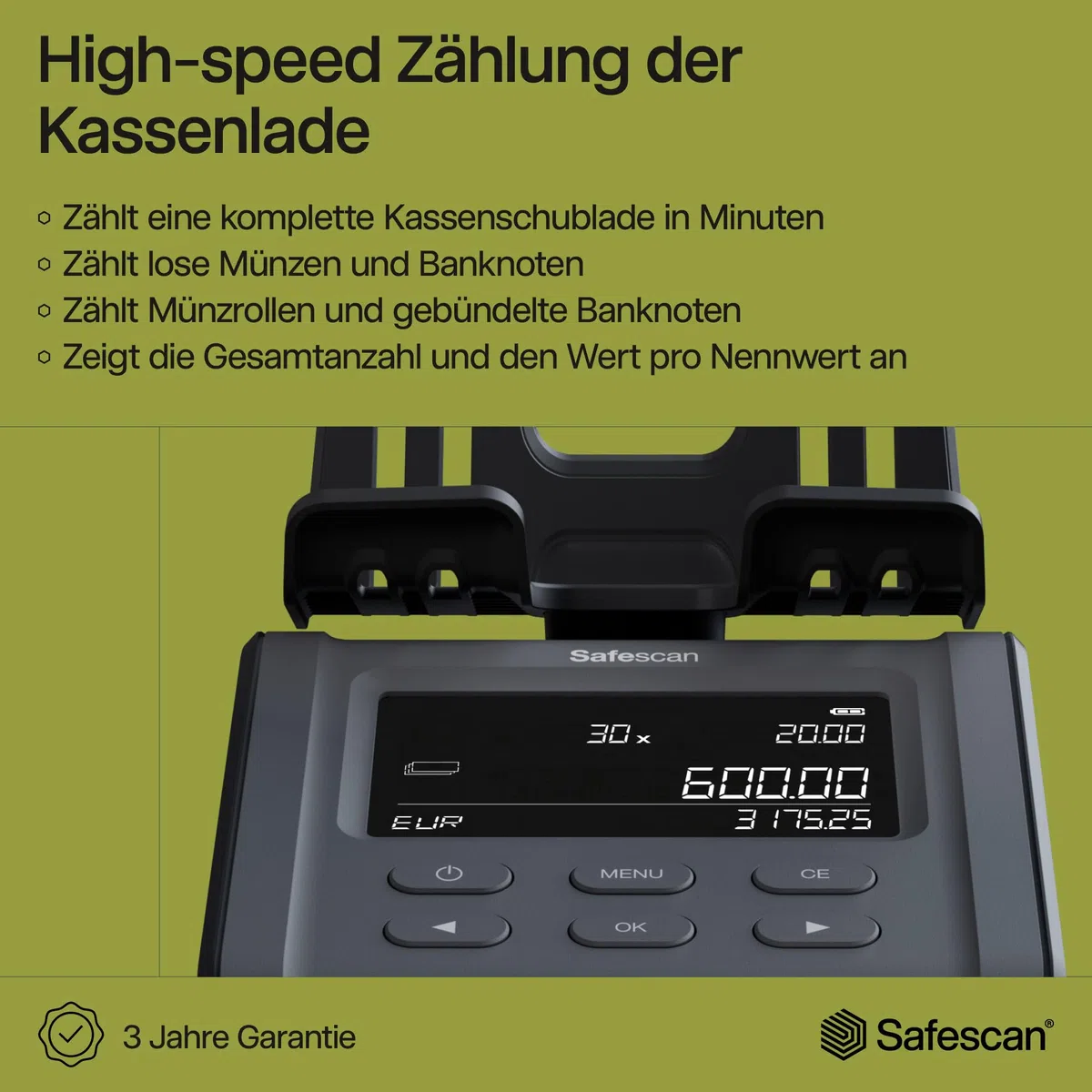 Safescan 6165 Geldzählmaschine, Wertzählung für Münzen und Banknoten - Münzzähler mit automatischer Münzrollenerkennung - Geldwaage für schnelles und einfaches Zählen von Kassenladen