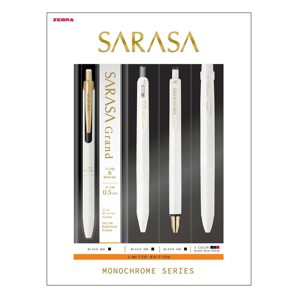 Zebra Sarasa Limited Edition Monochrome Serie White 4-Pen Box Set (Grand 0.5, Clip 0.5, Nano 0.38, Clip 3C 0.5) SE-JJ15-MC-W