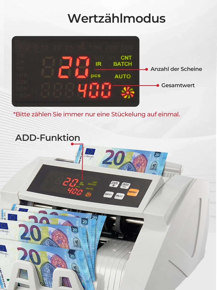 FOHERE Geldzählmaschine, Professioneller Geldzähler mit UV/MG/IR/DD Fälschungserkennung, 1100 Banknoten/Minute, LCD-Display, Wert- und Batch-Modus für Geschäfte, Banken und Restaurants