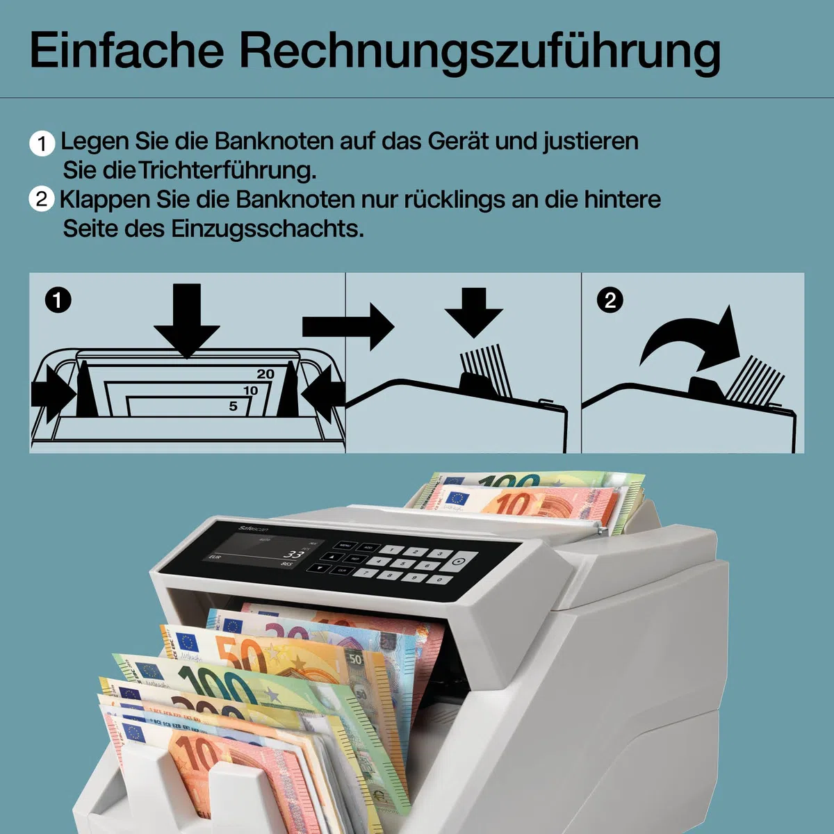 Safescan 2465-S Geldzählmaschine, Wertzählung für gemischte EUR-Banknoten - Banknotenzähler mit 7-facher Echtheitsprüfung - zählt sortierte Banknoten aller Währungen
