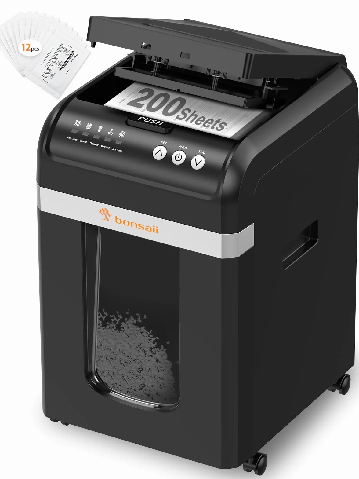 Bonsaii Aktenvernichter mit automatischem 200-Blatt-Einzug, 60 Min Dauerbetrieb, DIN P-4 Mikroschnitt, 31L herausziehbarer Behälter, leise (58 dB) & energiesparend – ideal fürs Büro, C283 | leiser ≤58dB mit 60 Min. Dauerbetrieb und 31L Behälter für Büro u