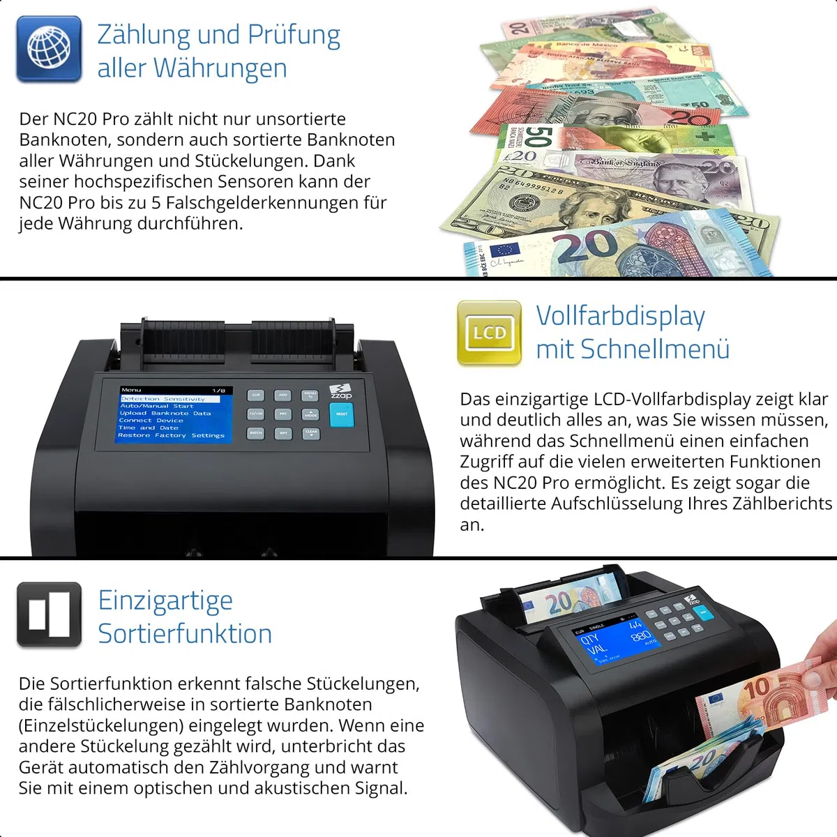 ZZap NC20 Pro Geldscheinzähler für gemischte Stückelungen & Falschgelddetektor - Geldzählmaschine Banknotenzählmaschine Geldzähler Wertzähler