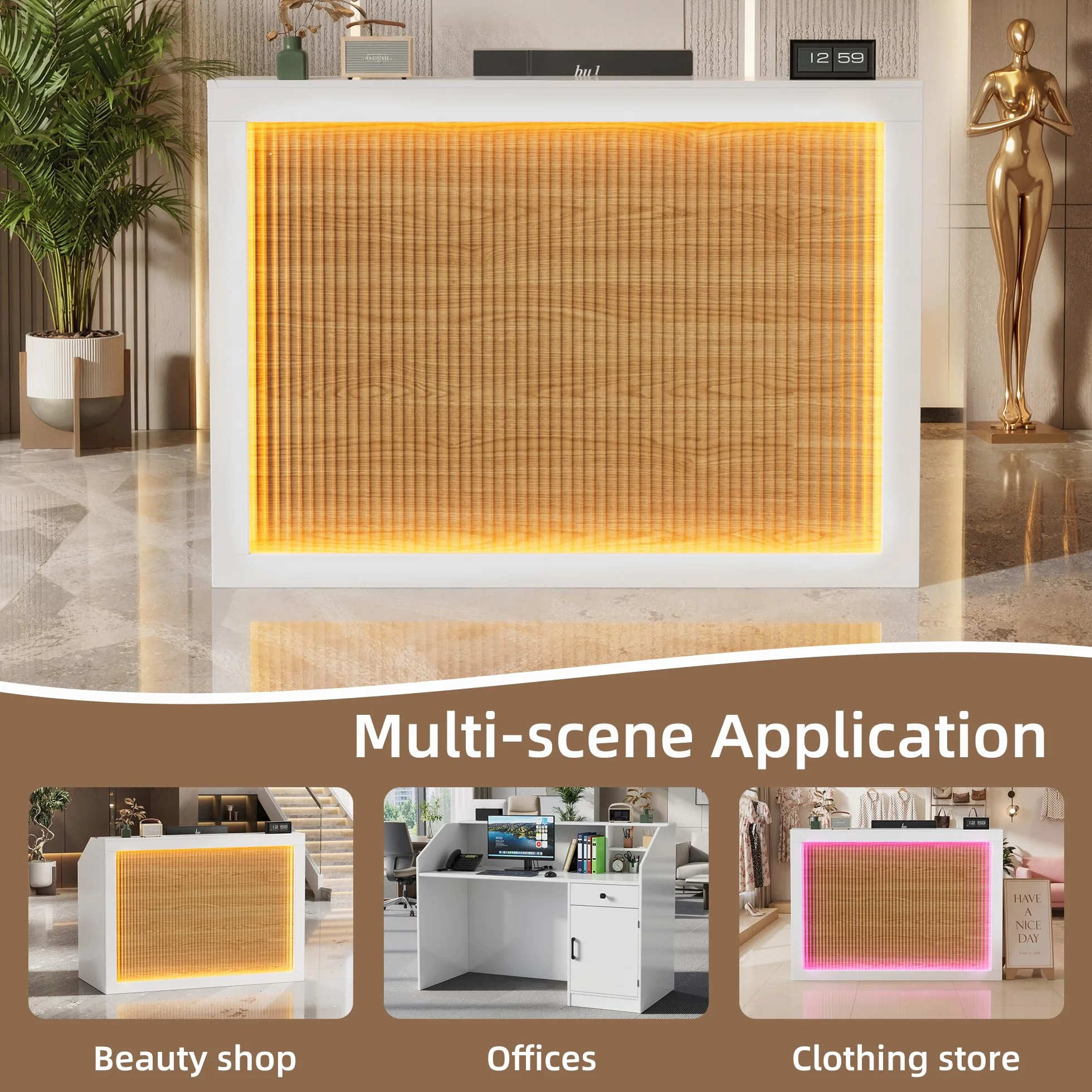MSFE Empfangstheke mit LED,Verkaufstheke mit Schubladen,Schränke,Regale und Ladestation,Modern Holz Empfangsmöbel Rezeption Tisch Kompakt Fronttresen für Beauty Salon,Geschäft,Hotel,Büro,140*60*110CM