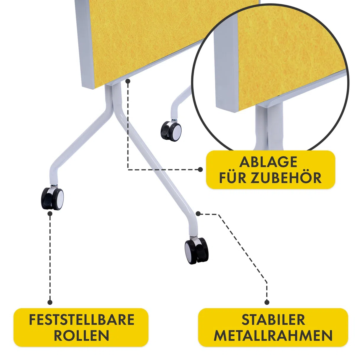 OfficeMarshal Moderationwand Doppelseitig 80 x 120 cm Präsentationstafel mit feststellbaren Rollen - Filztafel Pinnwand - Stabiler Metallrahmen - Giant (Gelb)