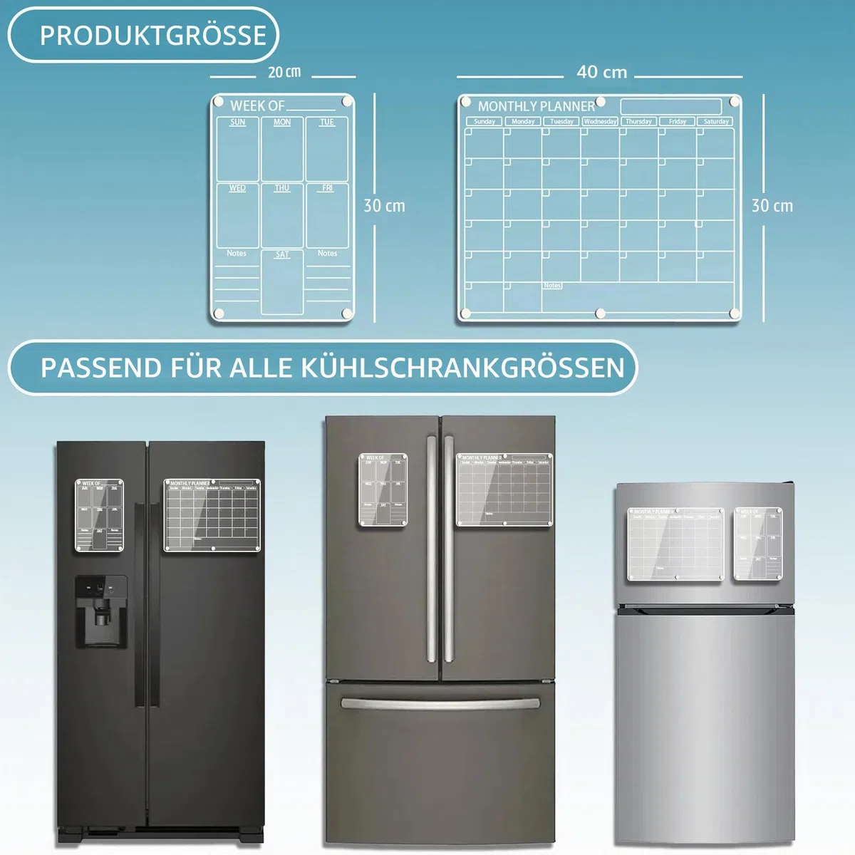 Acryl Magnetischer Kalender für Kühlschrank, 2 Stück, Transparenter Abwischbar Monats- und Wochenkalender Planungstafel für Kühlschrank, mit 6 Farbmarkern, Stifthalter und Handtuch