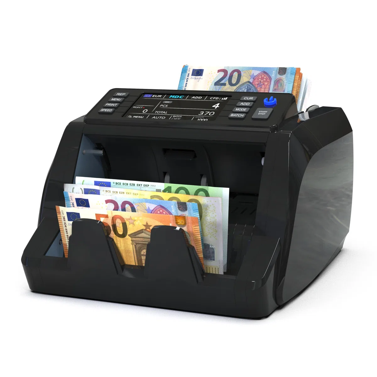 Detectalia V20 Banknotenzähler mit UV/MG/IR/MT/CIS Erkennung, 4,5” Touchscreen + Externes Display, Seriennummern-Lesung, Multiwährungs-Mischzählung (EUR/GBP/CHF/USD/SEK/PLN/TRY/DKK), 1200 Scheine/Min